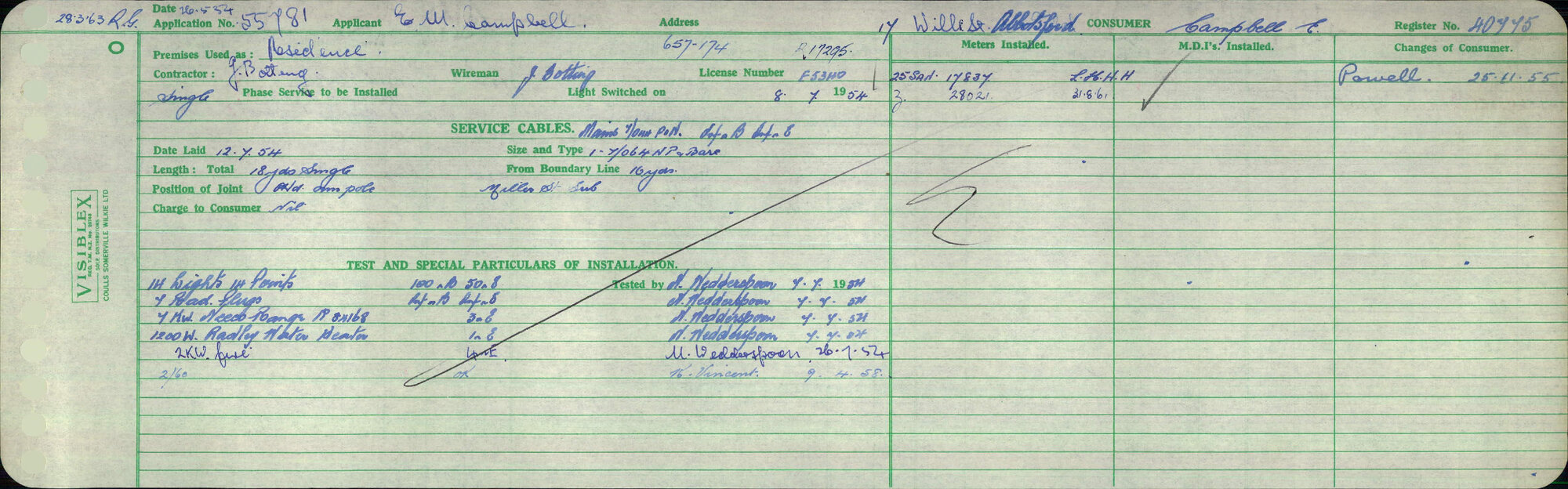 Electricity Department Connection Record - Will Street Green Island