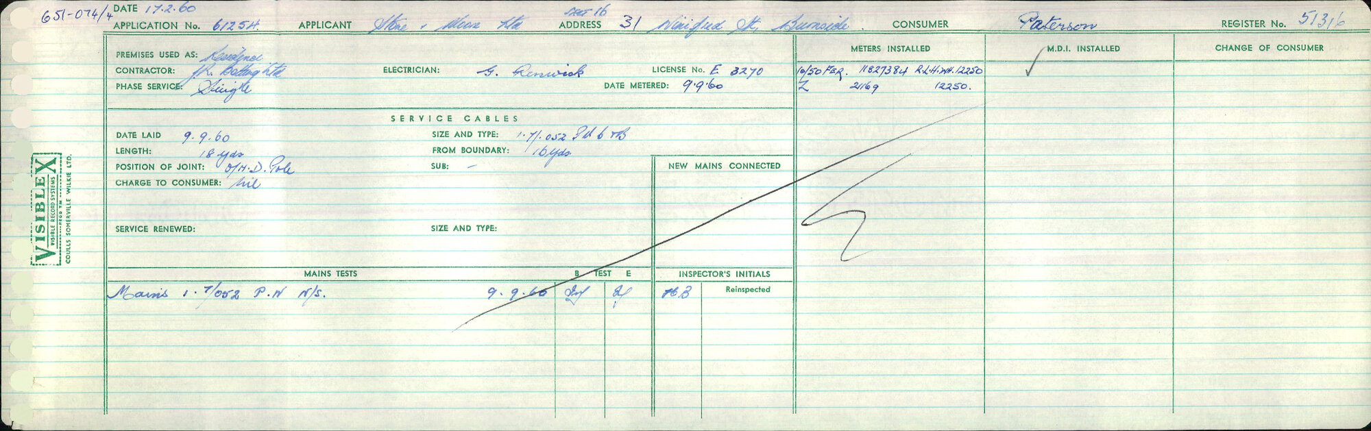 Electricity Department Connection Record - Winifred Street Green Island