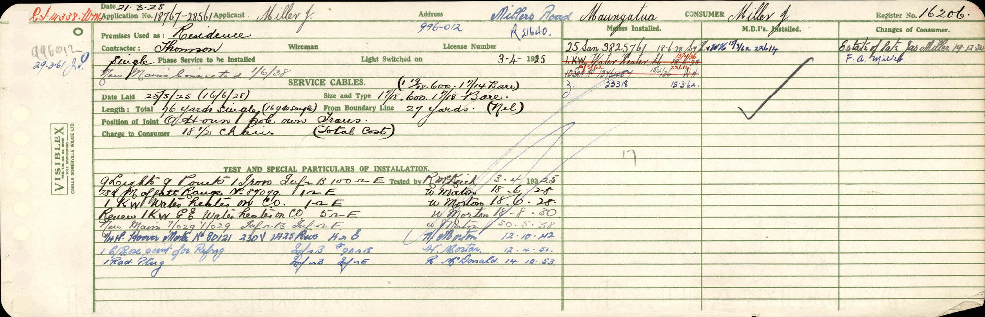 Electricity Department Connection Record - Millers Road Maungatua