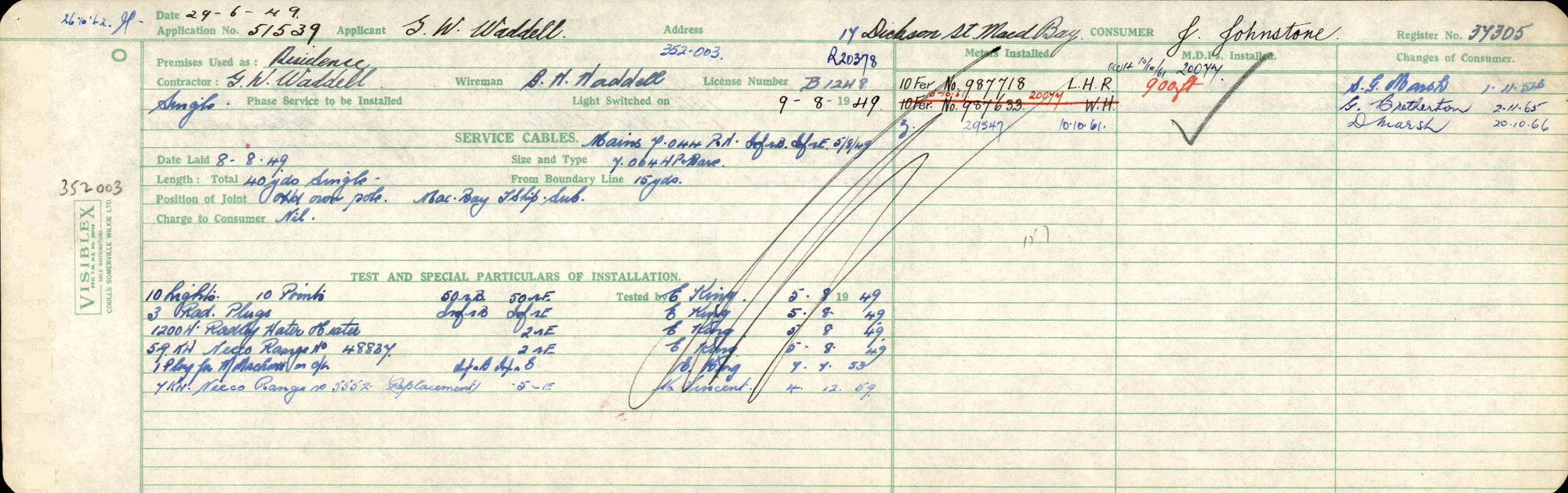 Electricity Department Connection Record - Dickson Street Macandrew Bay