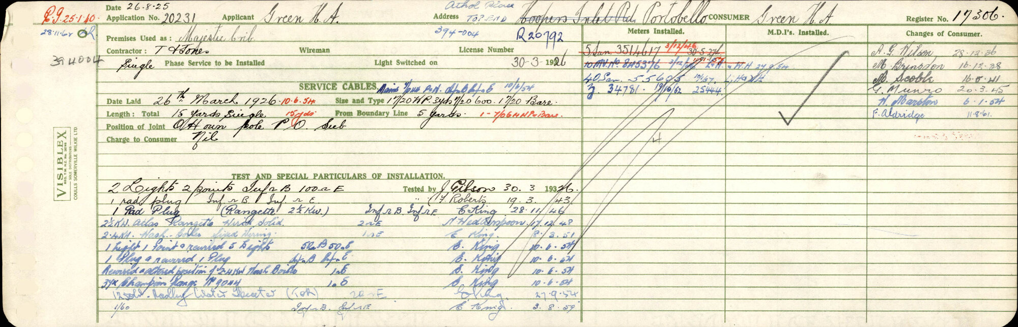 Electricity Department Connection Record - Athol Place (Allans Beach Road) Portobello
