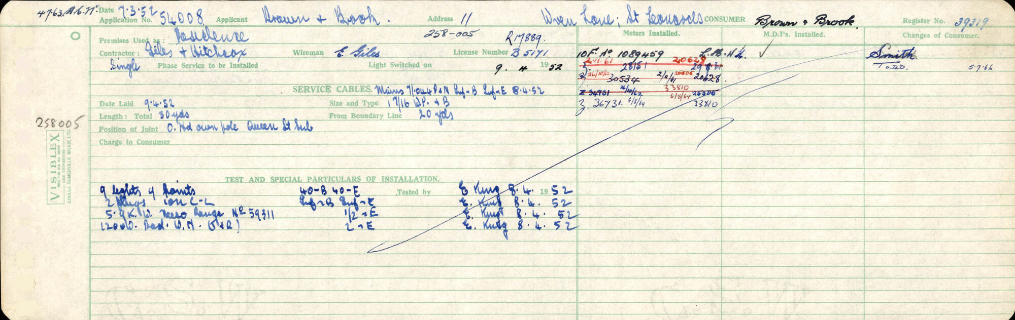 Electricity Department Connection Record - Wren Lane St Leonards