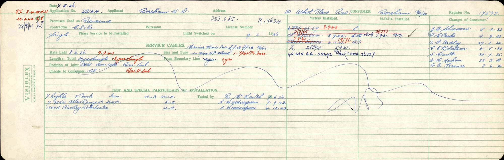 Electricity Department Connection Record - Athol Place Ravensbourne
