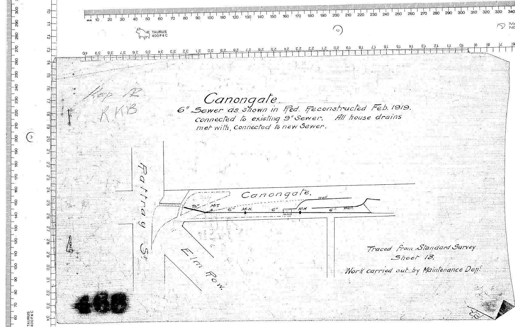 CANONGATE 6" SEWER AS SHOWN IN RED. RECONSTRUCTED FEB 1919. CONNECTED TO EXISTING 9" SEWER