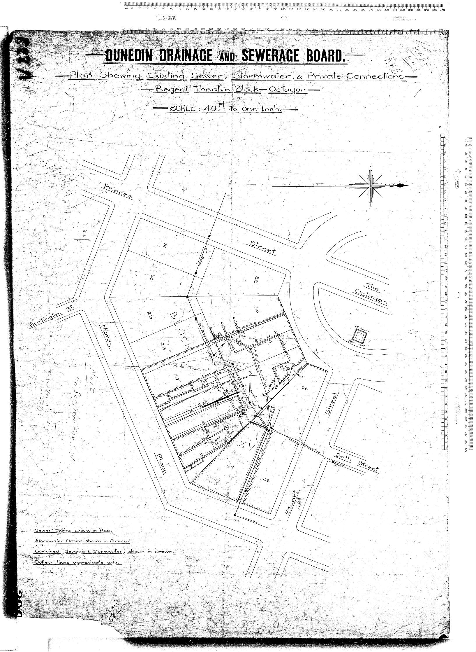 PLAN SHEWING EXISTING SEWER, STORMWATER, &amp; PRIVATE CONNECTIONS - REGFENT THEATRE BLOCK - OCTAGON