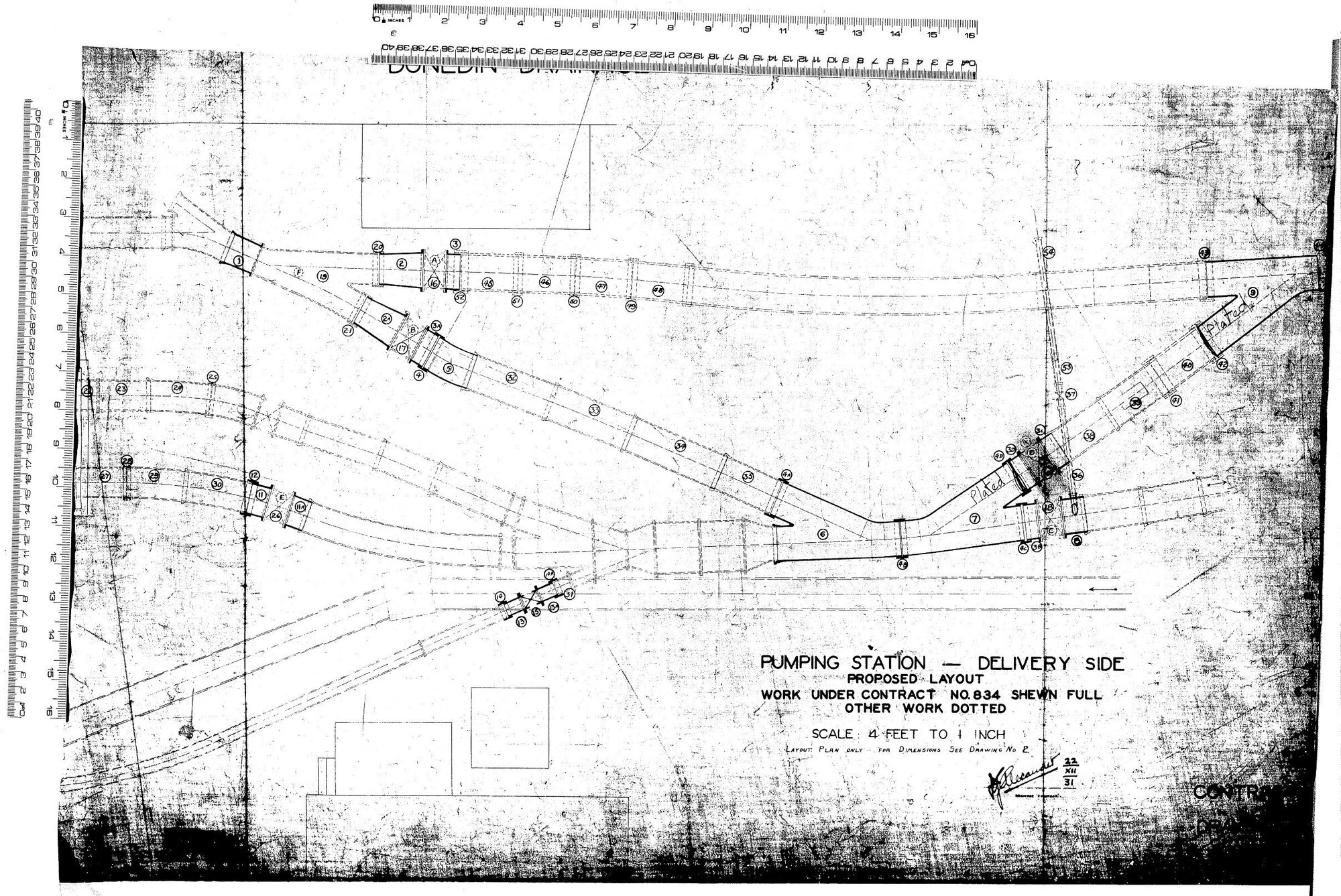 PUMPING STATION &ndash; DELIVERY SIDE PROPOSED LAYOUT WORK UNDER CONTRACT NO.834 SHEWN FULL OTHER WORK DOTTED