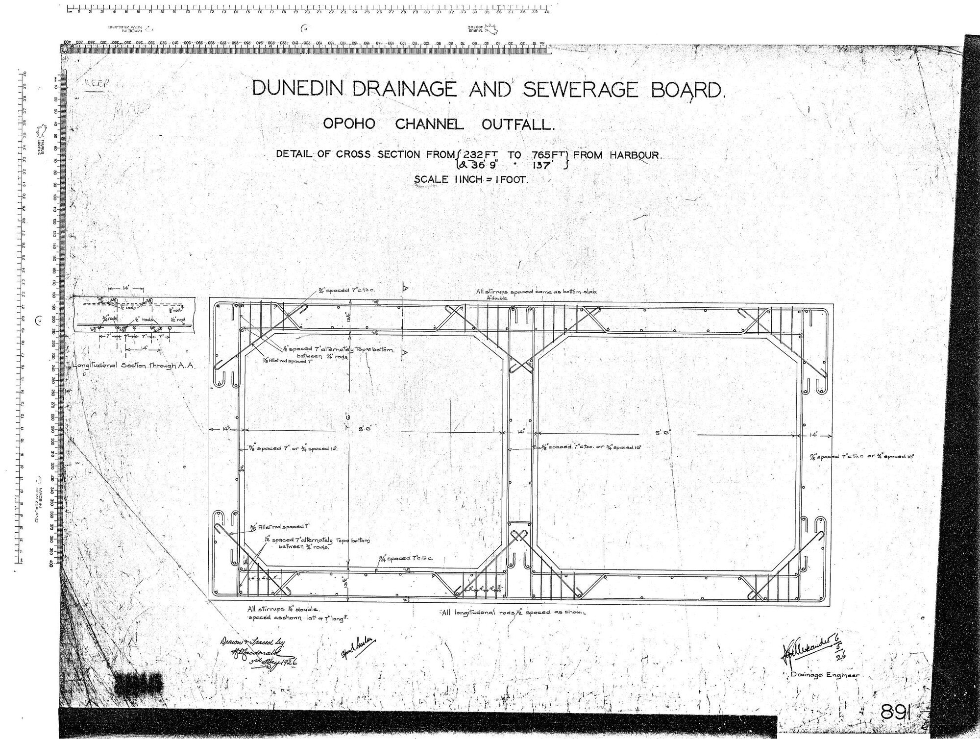 OPOHO CHANNEL OUTFALL -  DETAIL OF CROSS SECTION FROM (232FT TO 765FT &amp; 36'9" TO 137') FROM HARBOUR