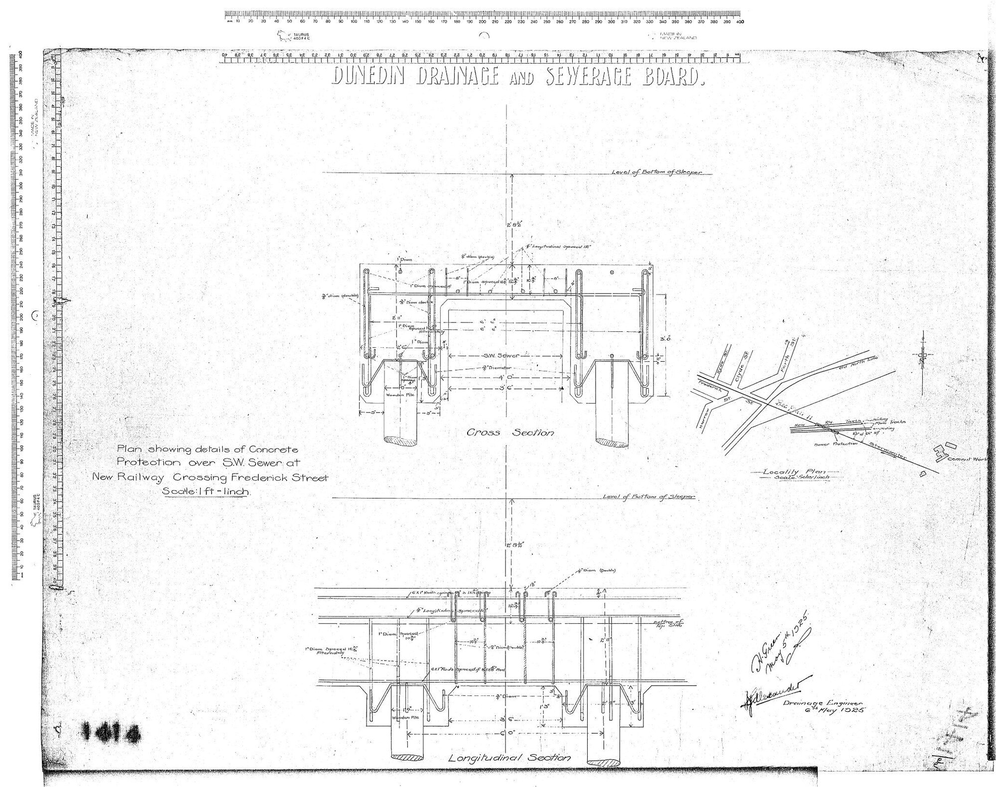 PLAN SHOWING DETAILS OF ONCRETE PROTECTION OVER S.W. SEWER AT NEW RAILWAY CROSSING FREDERICK ST.