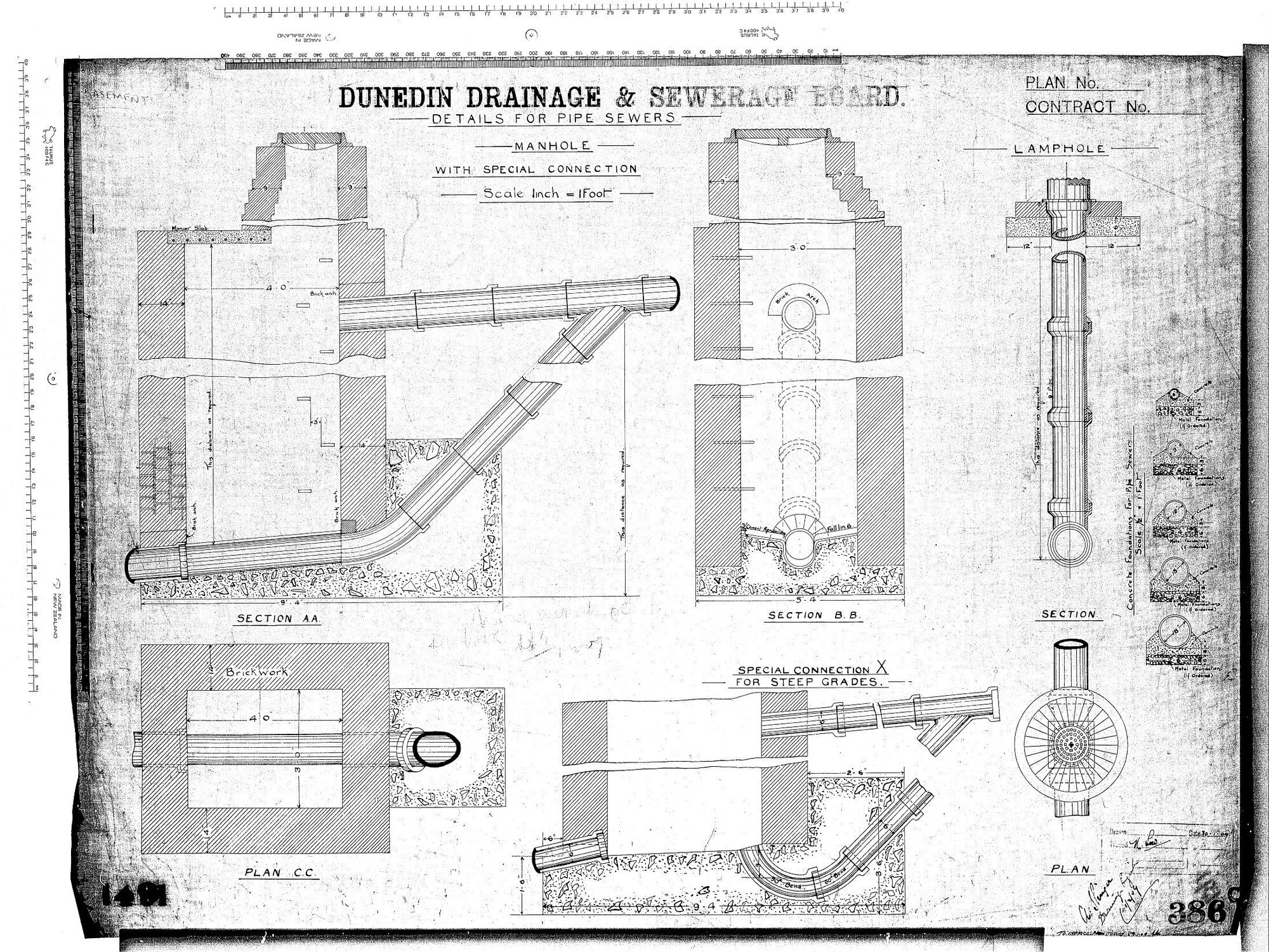 DETAILS FOR PIPE SEWERS - MANHOLE - WITH SPECIAL CONNECTION