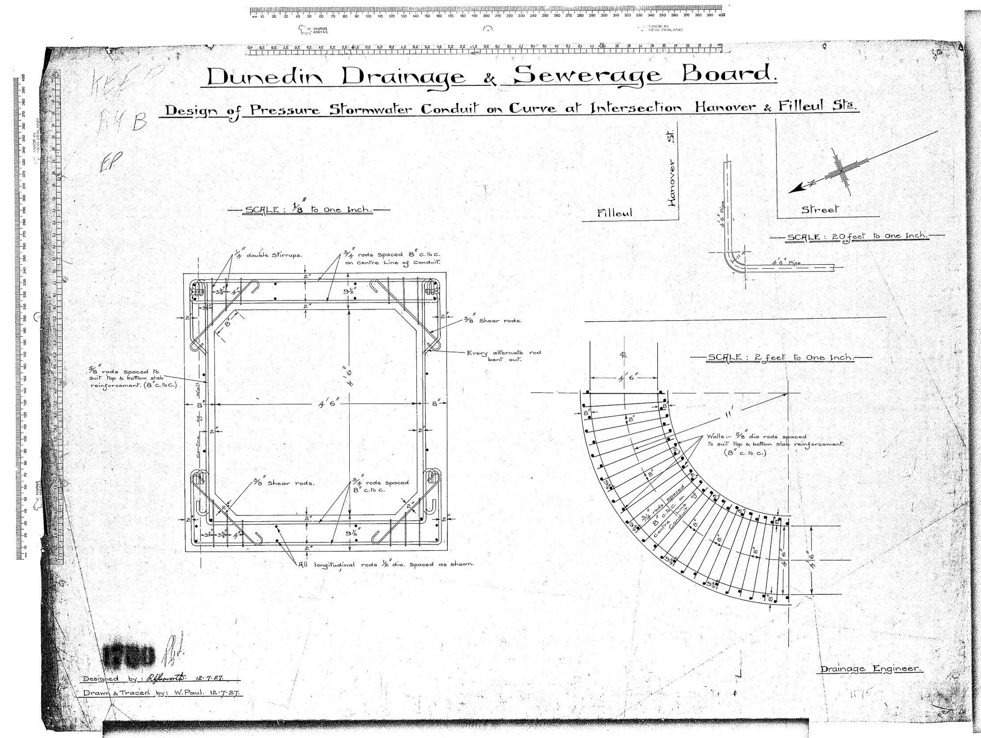 DESIGN OF PRESSURE STORMWATER CONDUIT ON CURVE AT INTERSECTION HANOVER &amp; FILLEUL STS.