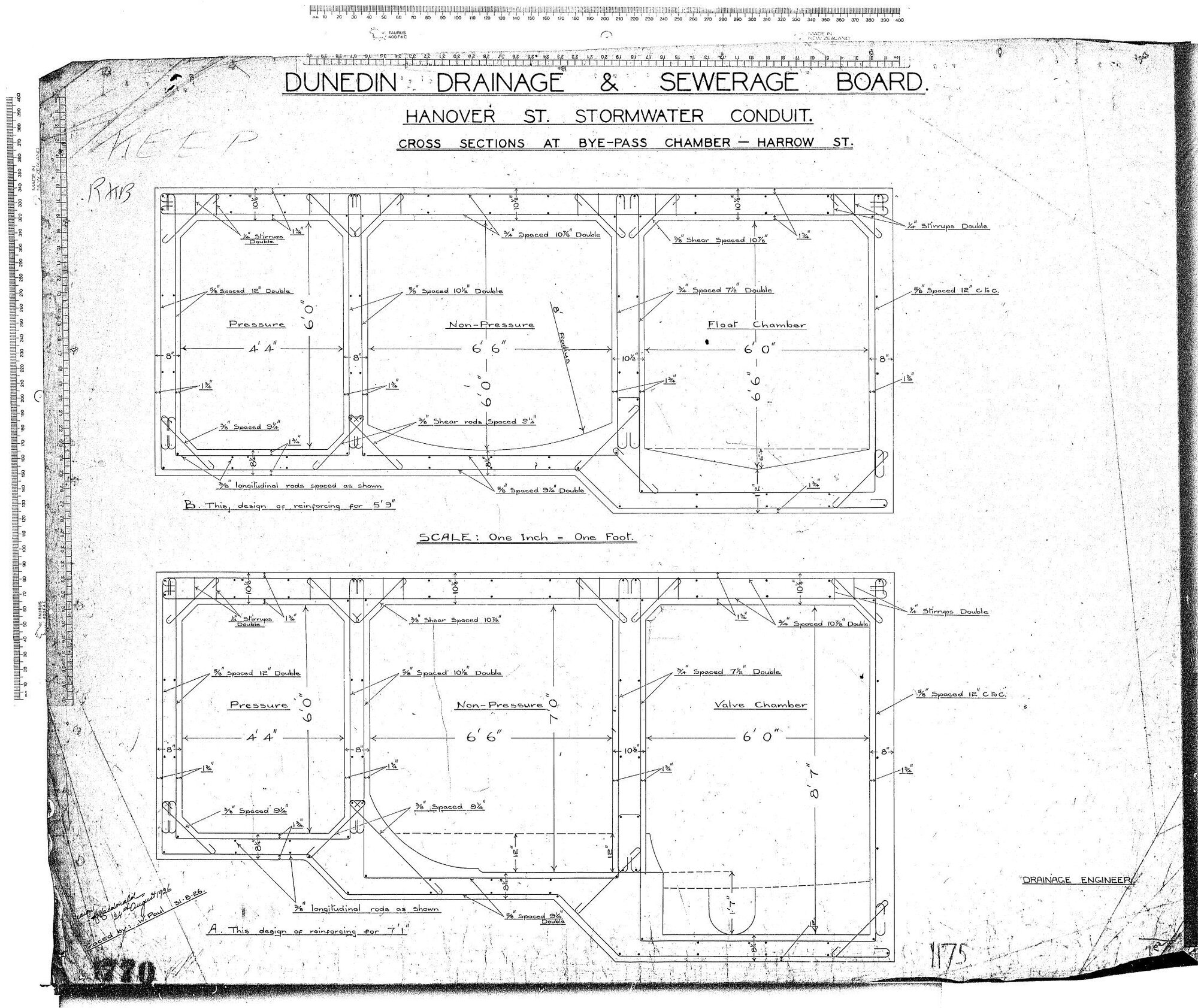 HANOVER ST STORMWATER CONDUIT CROSS SECTIONS AT BYE-PASS CHAMBER - HARROW ST.