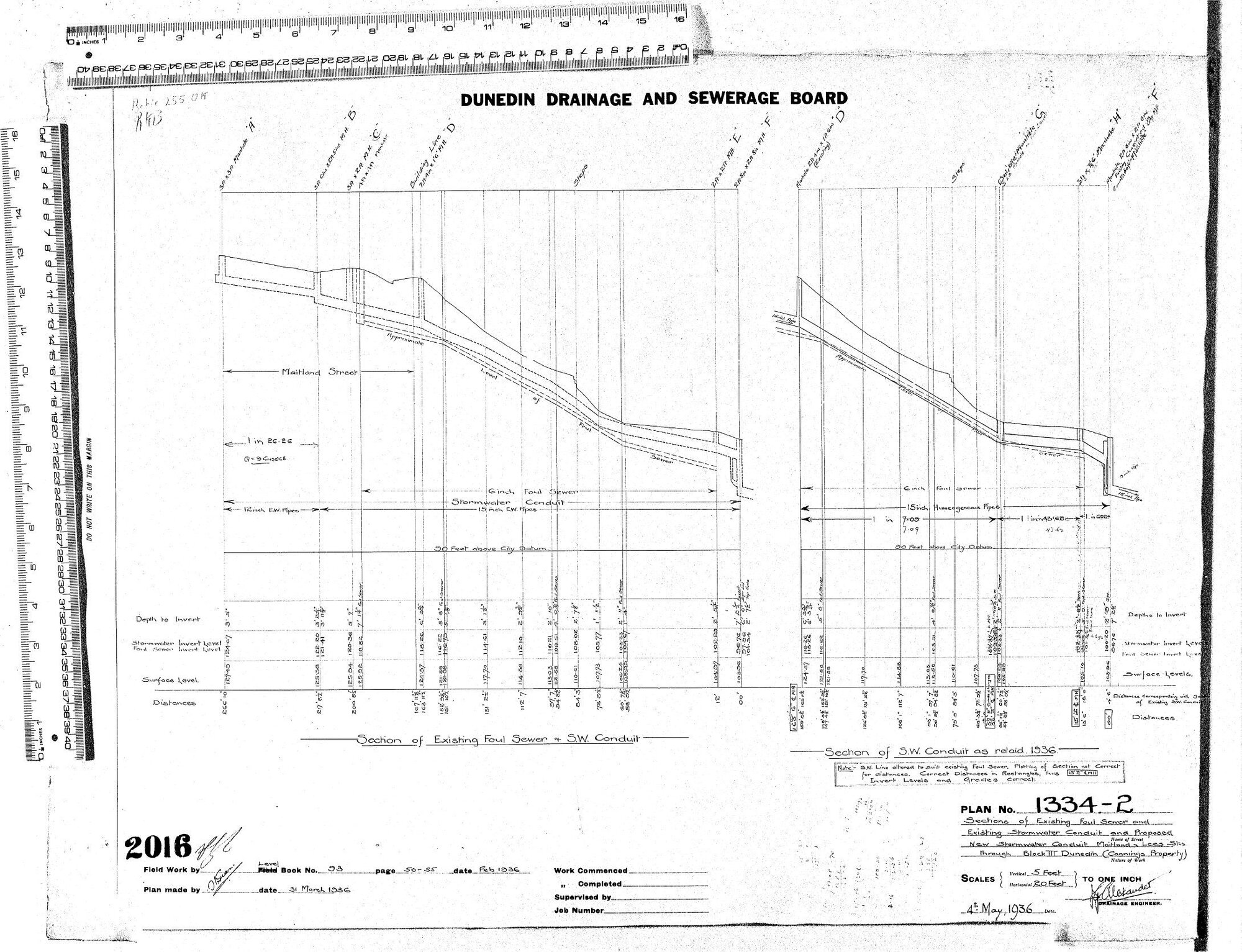 MAITLAND &amp; LEES STREETS   -  SECTIONS OF EXISTING FOUL SEWER AND EXISTING STORMWATER CONDUIT