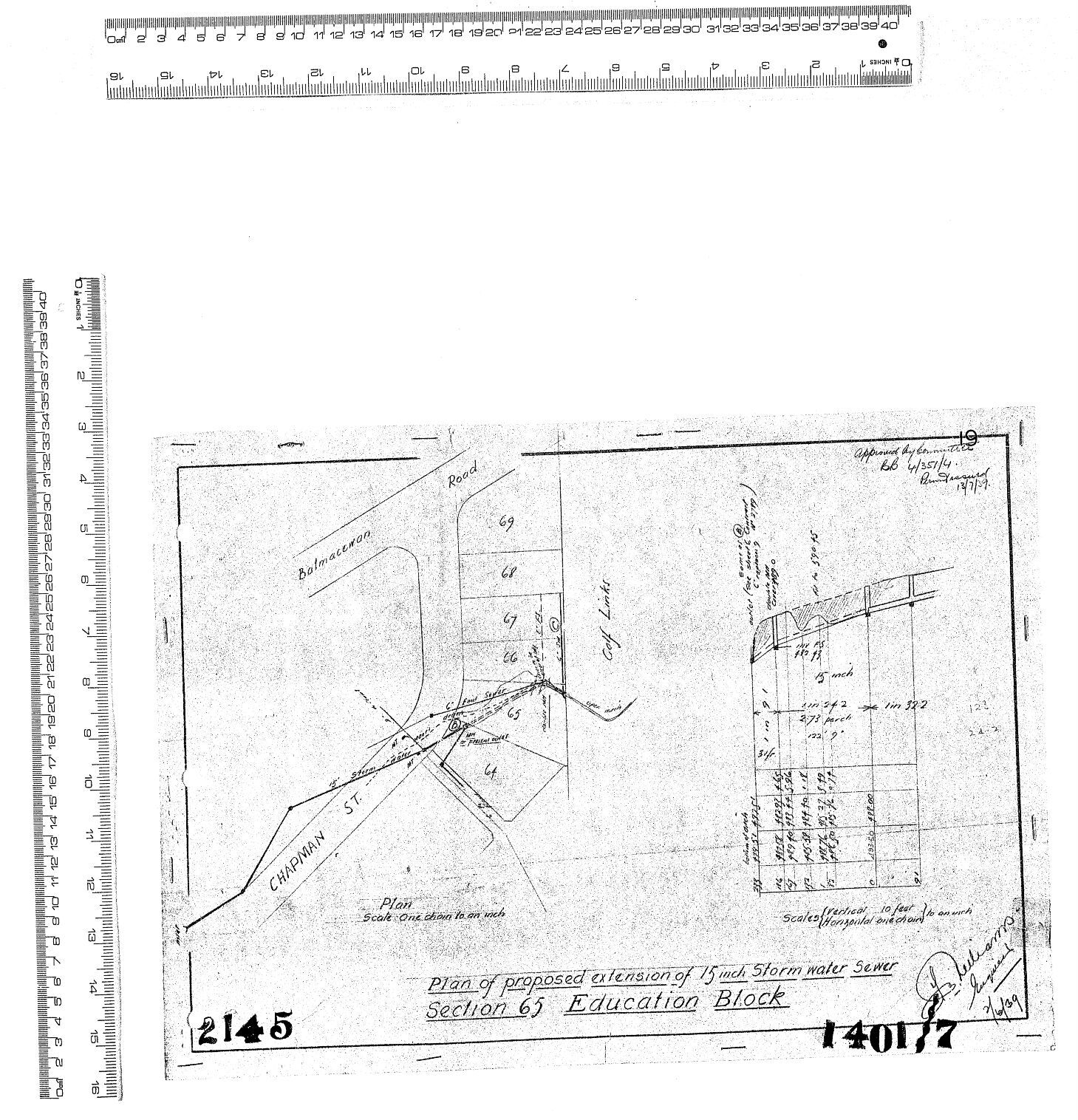PLAN OF PROPOSED EXTENSION OF 15" STORMWATER SEWER  SECTION 65  EDUCATION BLOCK