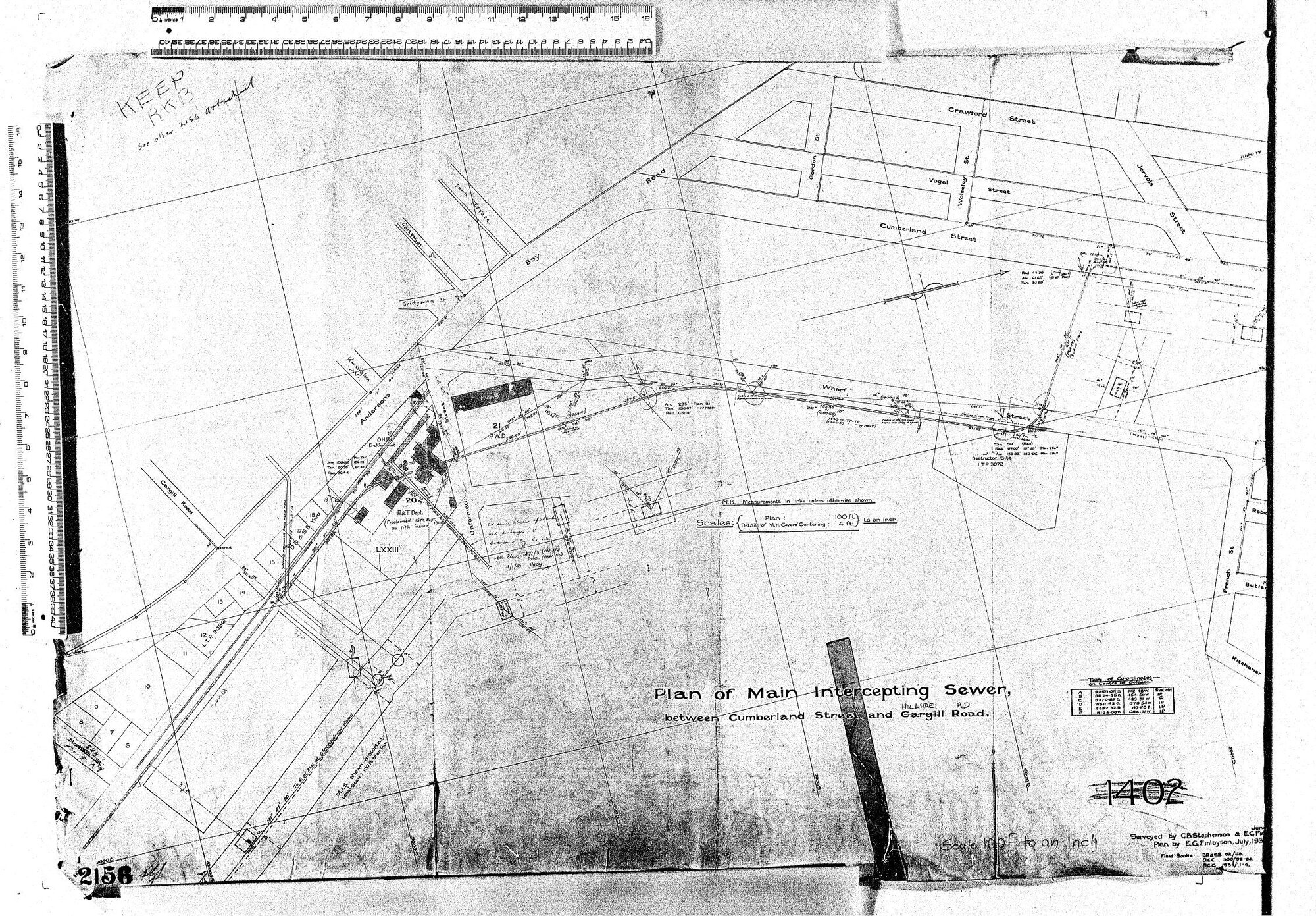 PLAN OF MAIN INTERCEPTING SEWER BETWEEN CUMBERLAND STREET AND HILLSIDE ROAD