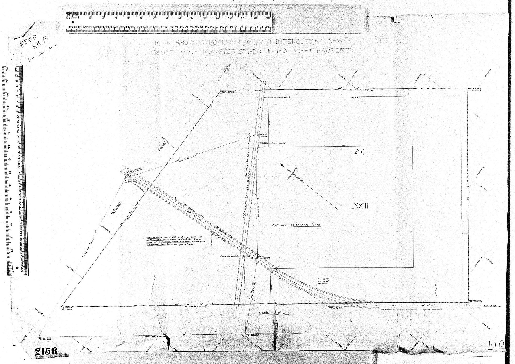 PLAN SHOWING POSITION OF MAIN INTERCEPTING SEWER AND OLD WILKIE ROAD STORMWATER SEWER IN P &amp; T DEPT PROPERTY