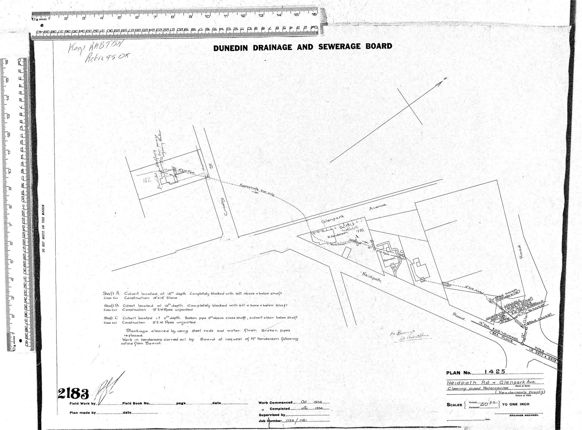 NEIDPATH ROAD &amp; GLENPARK AVENUE CLEARING PIPED WATER COURSE (HENDERSON'S PROPERTY)