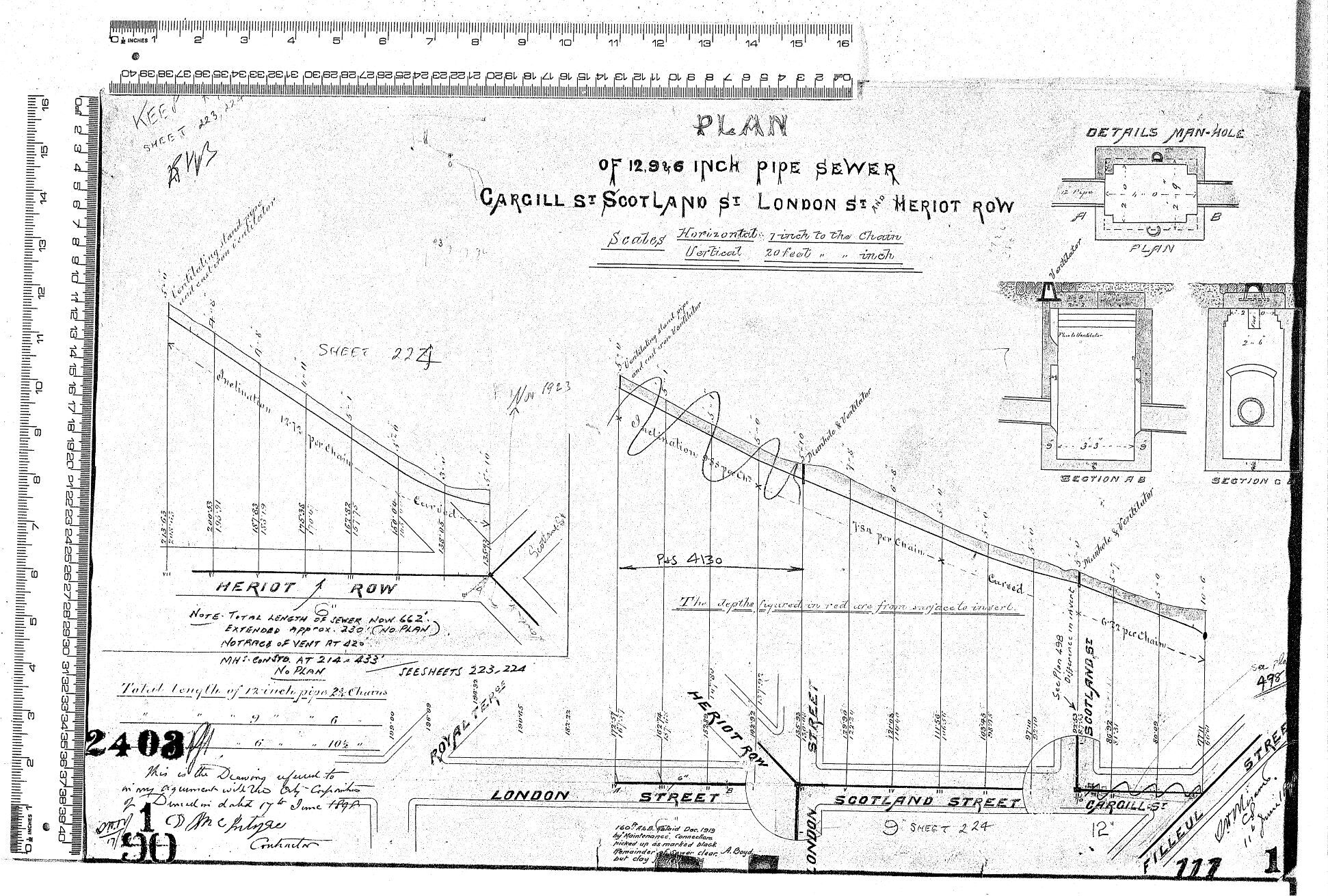 PLAN OF 12,9,&amp; 6 INCH PIPE SEWER  CARGILL ST, SCOTLAND ST, LONDON ST. HERIOT ROW. 