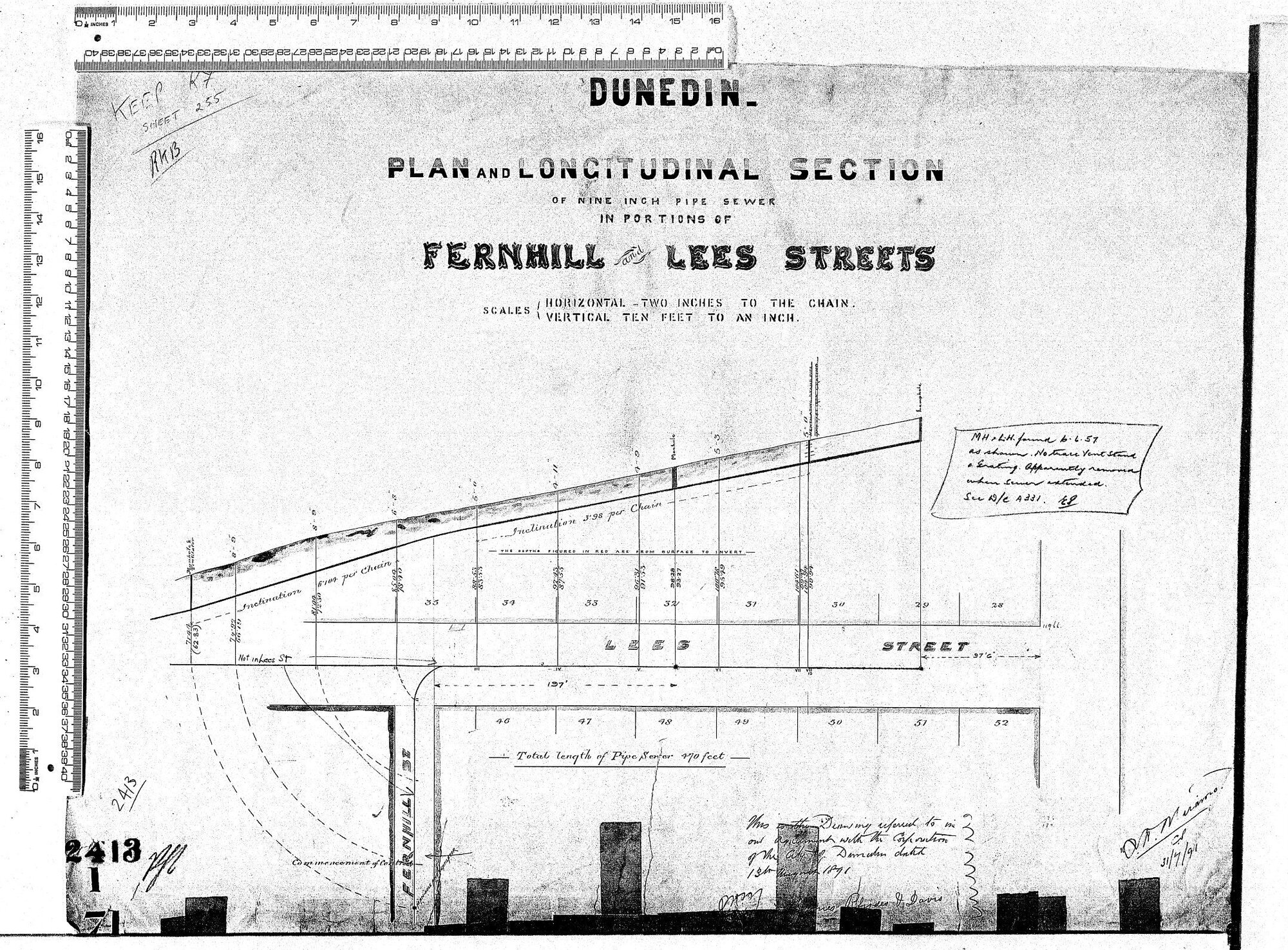 PLAN &amp; LOGITUDINAL SECTION OF 9" PIPE SEWER IN PORTIONS OF FERNHILL &amp; LEES STREETS