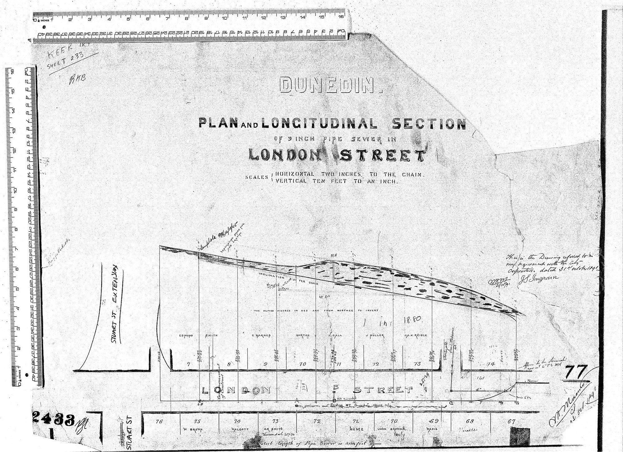 PLAN AND LONGITUDINAL SECTION OF 9" PIPE SEWER IN LONDON STREET