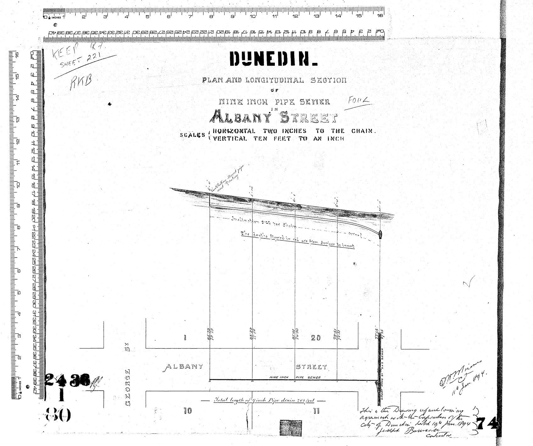 PLAN AND LONGITUDINAL SECTION OF 9" PIPE SEWER IN ALBANY STREET