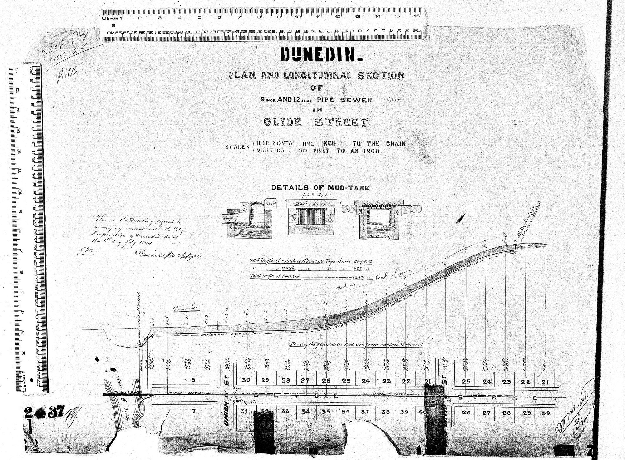 PLAN AND LONGITUDINAL SECTION OF 9" &amp; 12" PIPE SEWER IN CLYDE STREET