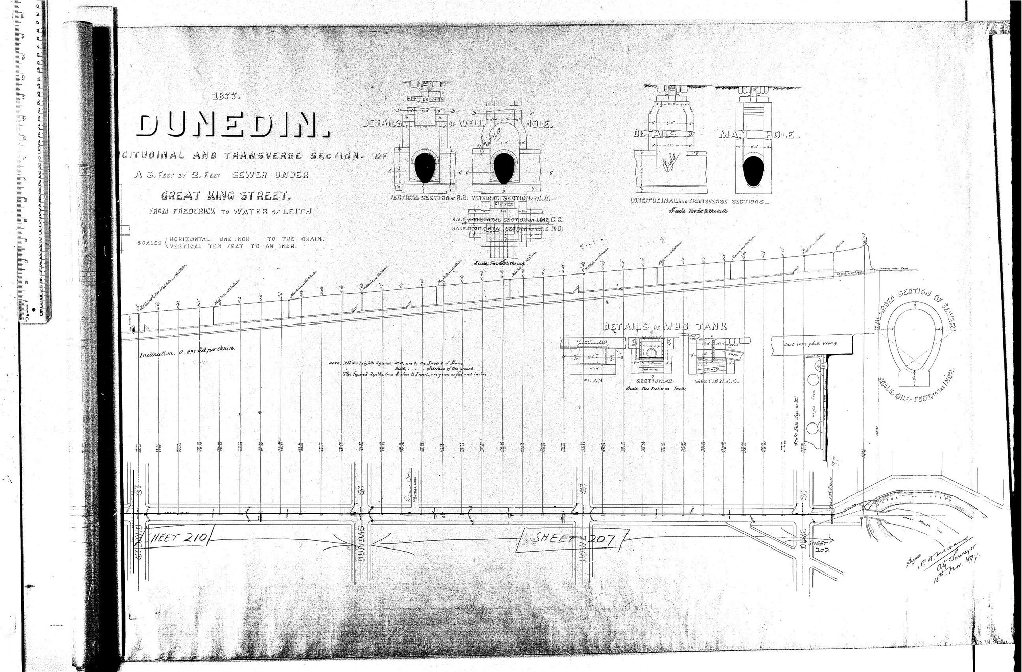 LONGITUDINAL &amp; TRANSVERSE SECTION. OF A 3' BY 2' SEWER UNDER GREAT KING STREET. FROM FREDERICK TO WATER OF LEITH
