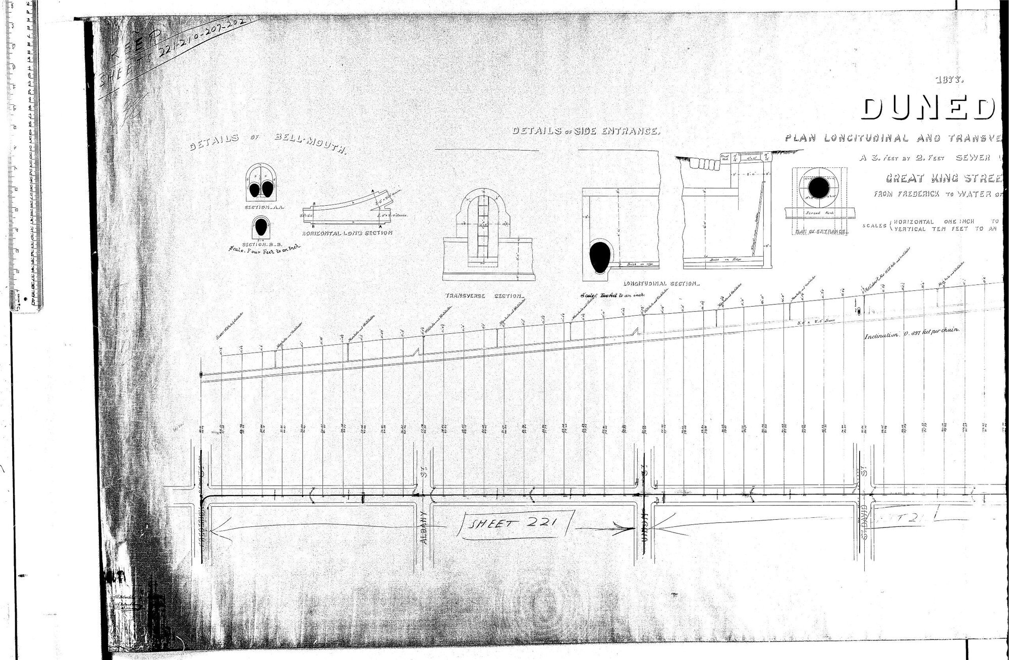 LONGITUDINAL &amp; TRANSVERSE SECTION. OF A 3' BY 2' SEWER UNDER GREAT KING STREET. FROM FREDERICK TO WATER OF LEITH