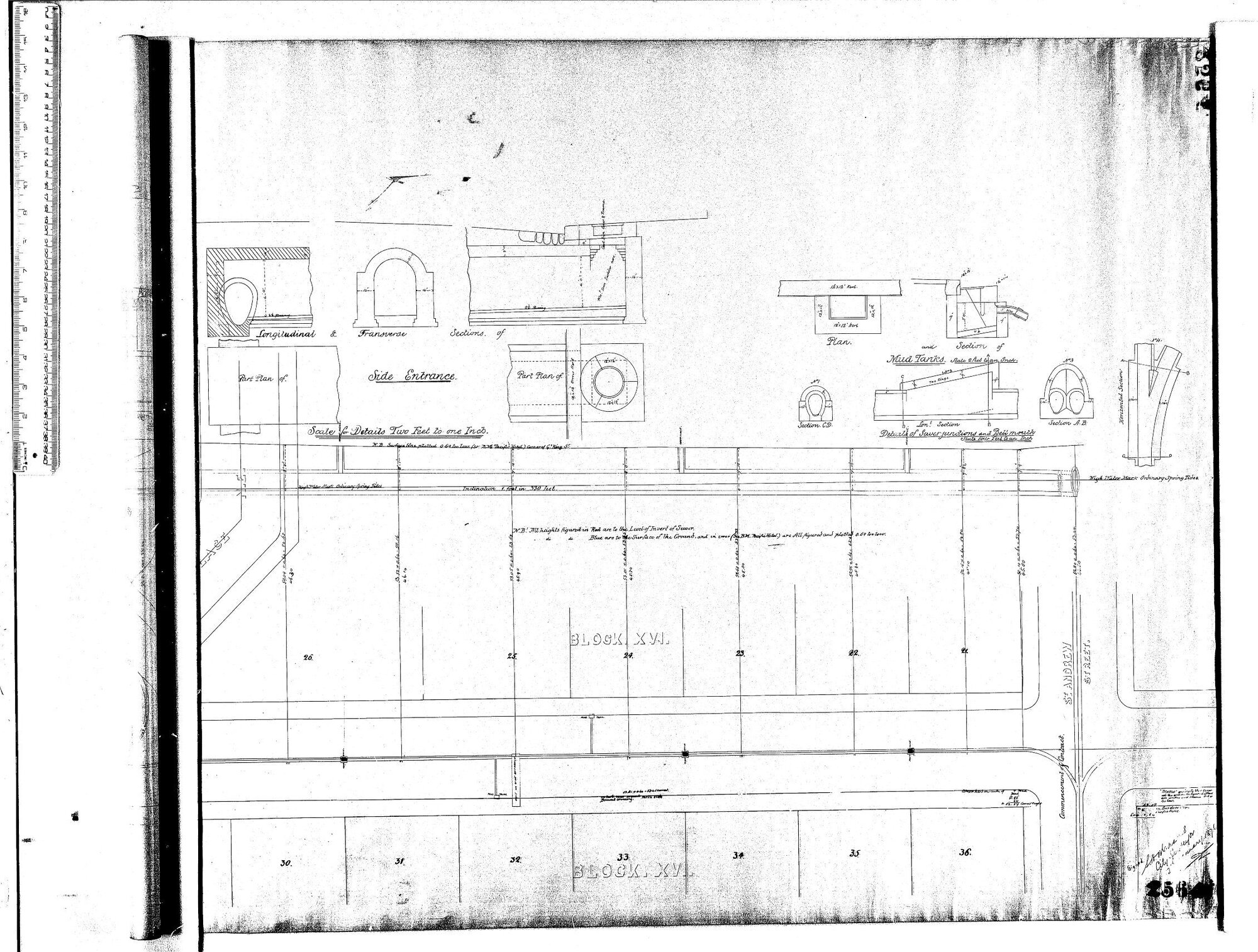 LONGITUDINAL &amp; TRANSVERSE SECTION. OF A 3' BY 2' SEWER UNDER GREAT KING STREET. FROM FREDERICK TO WATER OF LEITH