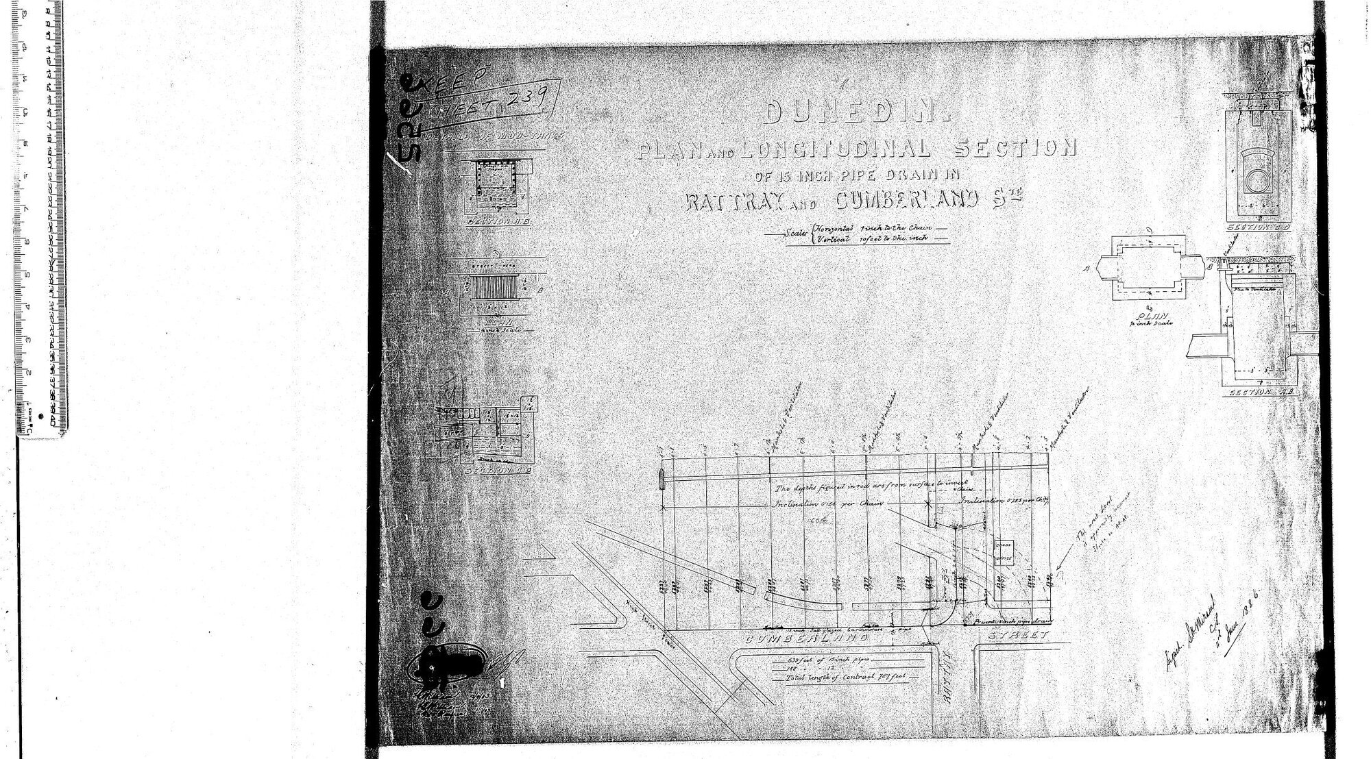 PLAN LONGITUDINAL SECTION &amp; DETAILS PART OF 15" PIPE DRAIN IN RATTRAY AND CUMBERLAND STS