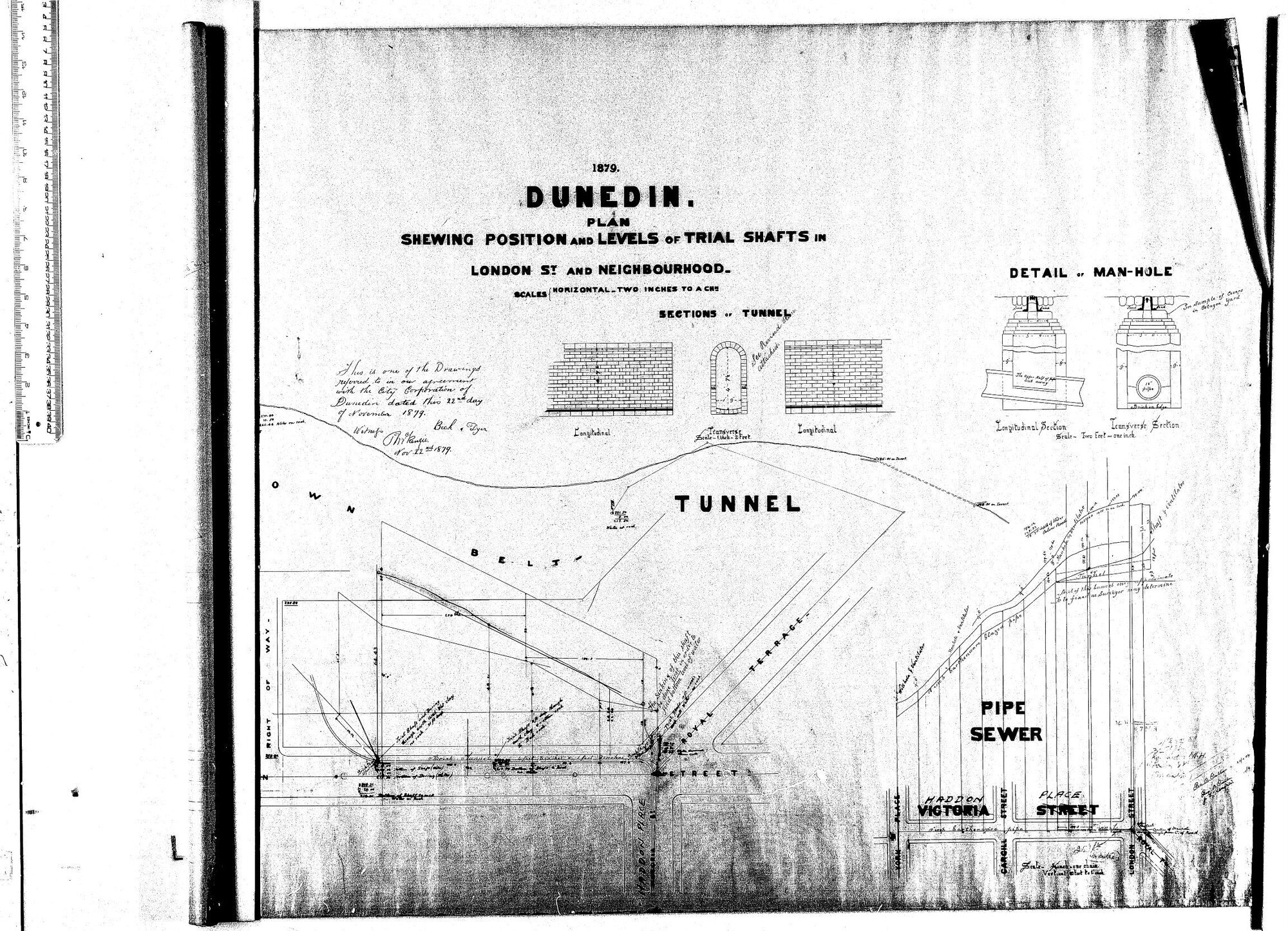 PLAN SHEWING POSITION AND LEVELS OF TRIAL SHAFTS IN LONDON ST AND NEIGHBOURHOOD