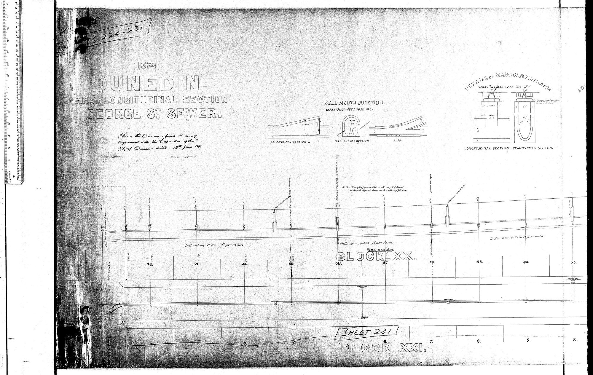 PLAN AND LONGITUDINAL SECTION  GEORGE ST SEWER