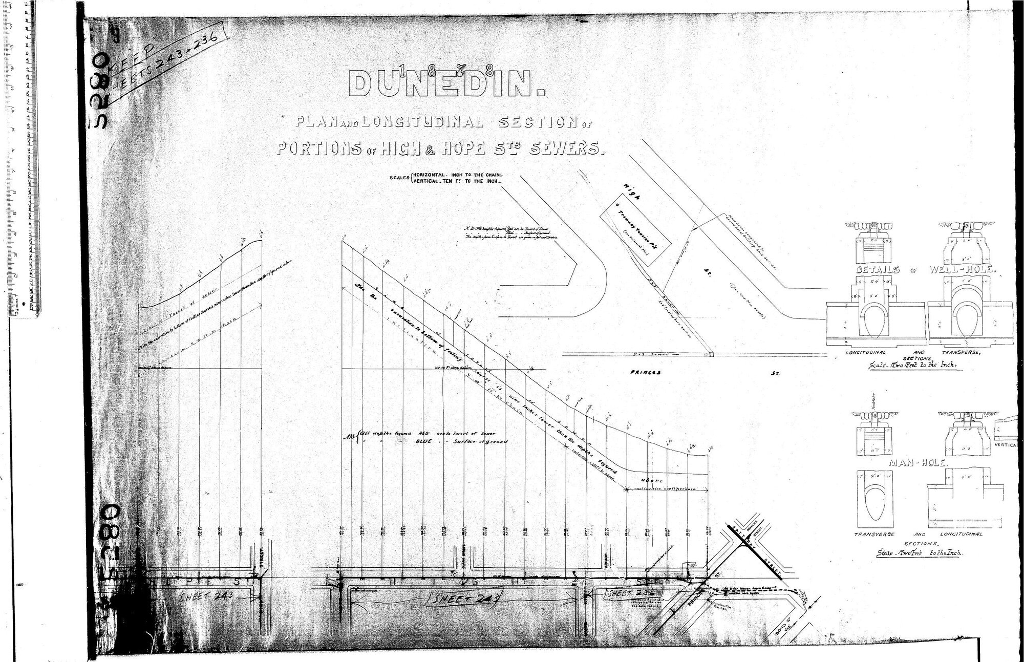 PLAN AND LONGITUDINAL SECTION OF PORTIONS OF HIGH &amp; HOPE STS. SEWERS