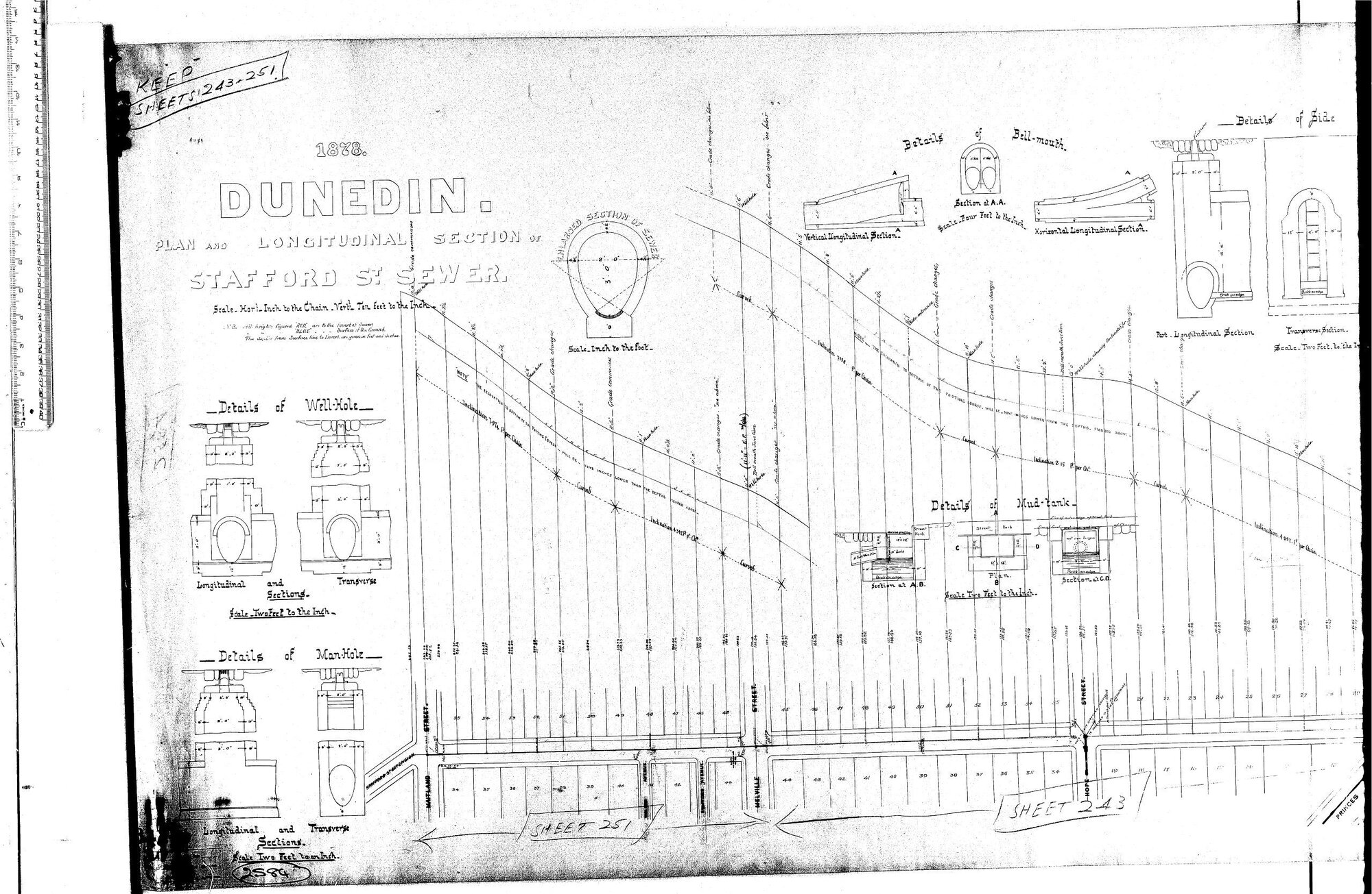 PLAN AND LONGITUDINAL SECTION OF STAFFORD ST SEWER