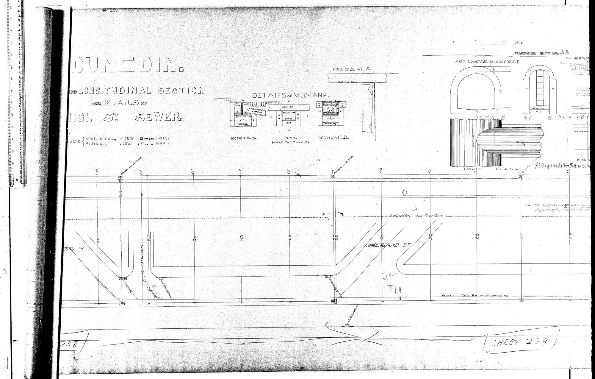 PLAN AND LONGITUDINAL SECTION AND DETAILS OF HIGH ST SEWER