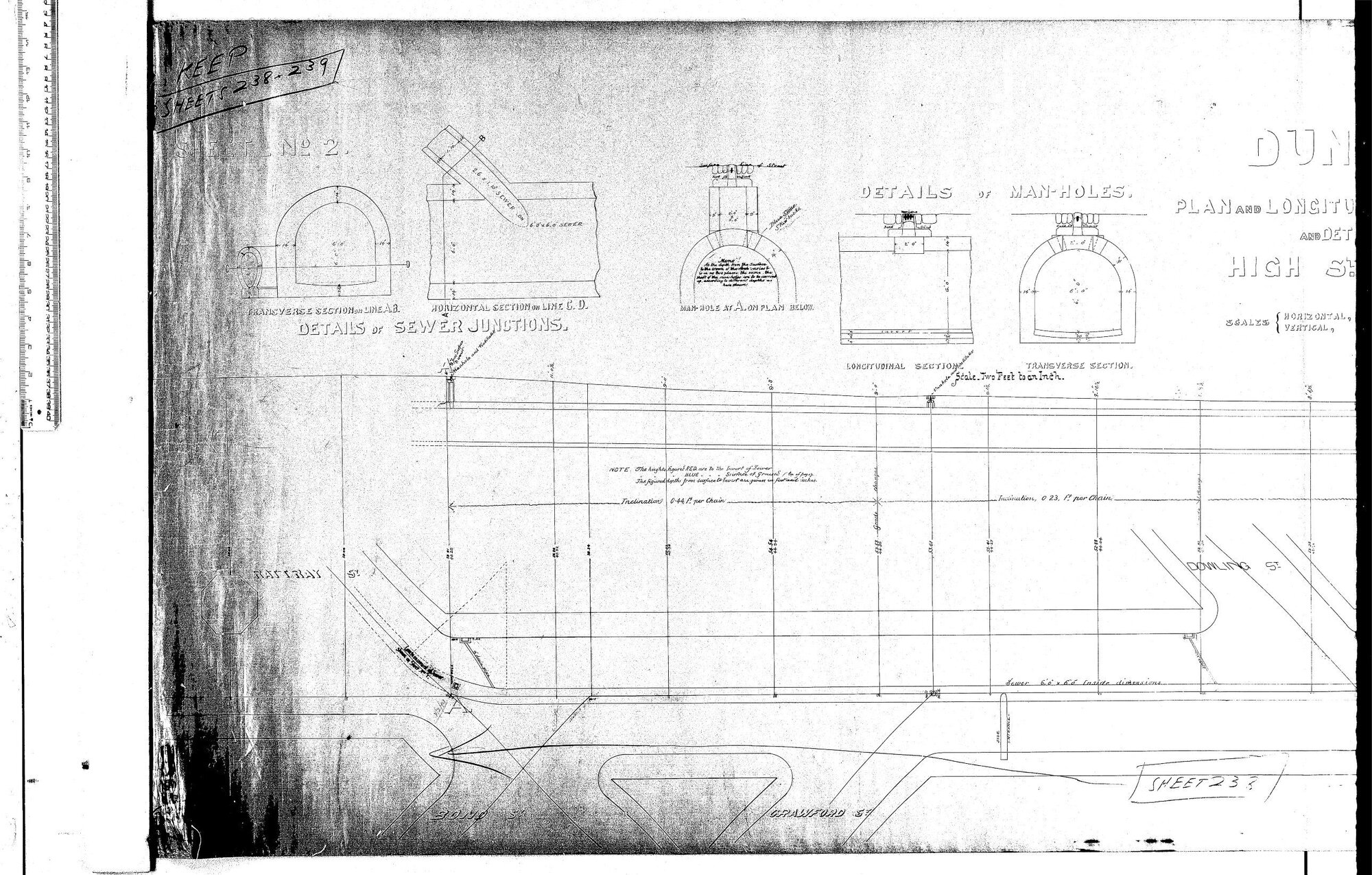 PLAN AND LONGITUDINAL SECTION AND DETAILS OF HIGH ST SEWER