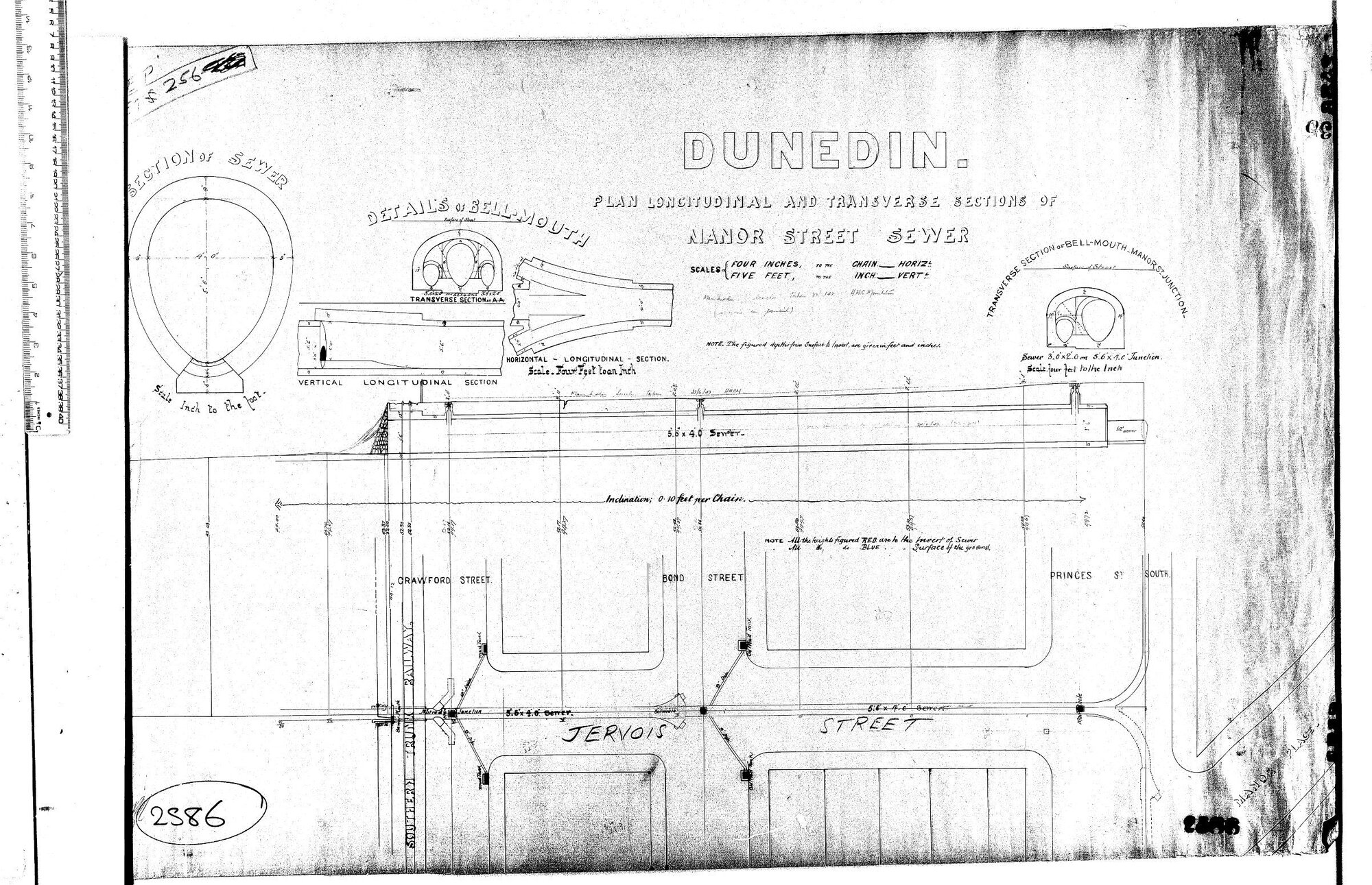 PLAN AND LONGITUDINAL AND TRANSVERSE SECTION OF MANOR STREET SEWER