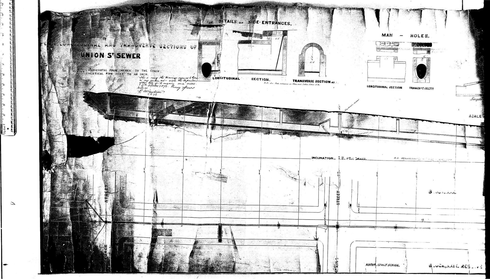 PLAN LONGITUDINAL AND TRAVERSE SECTIONS OF UNION ST SEWER