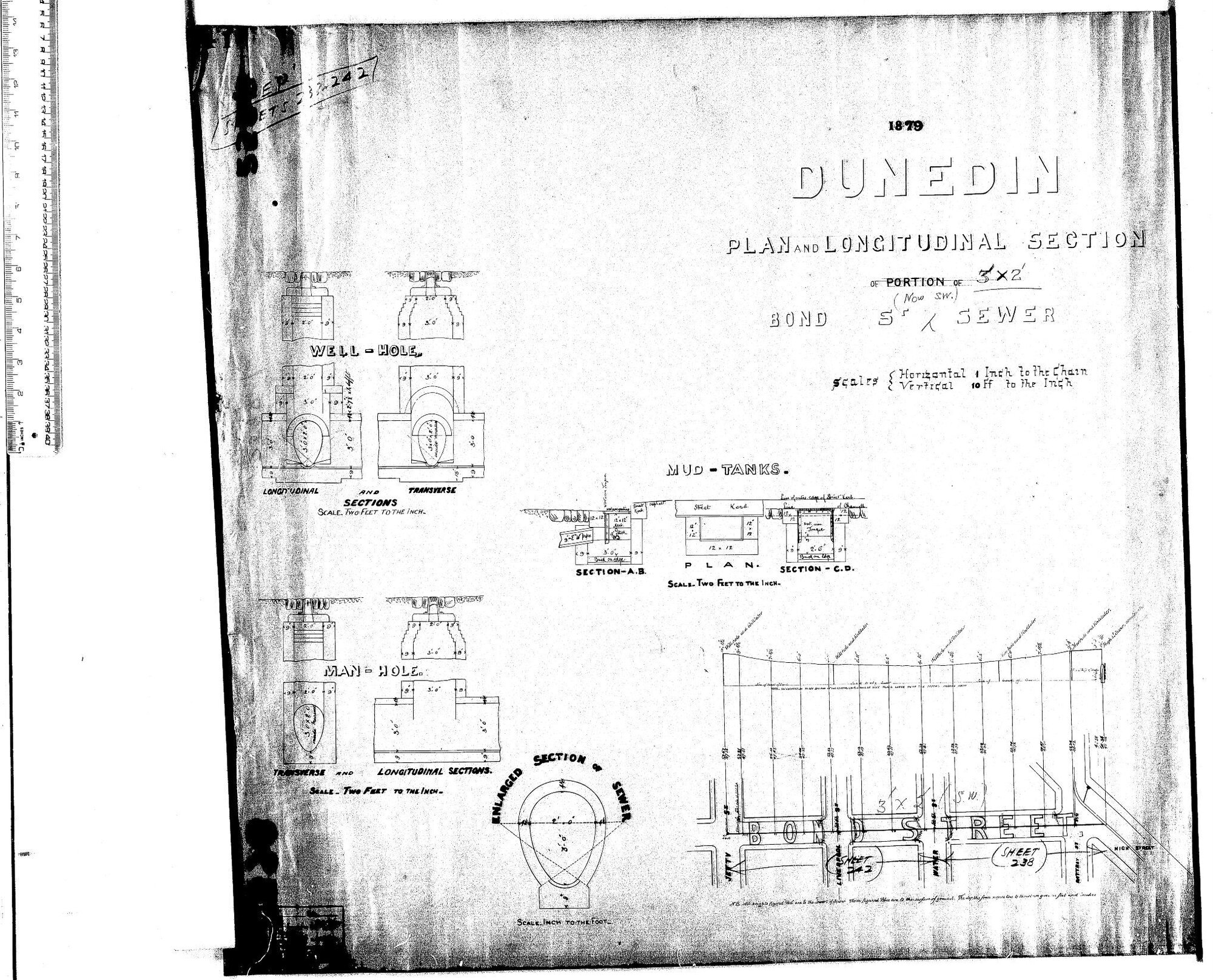 PLAN AND LONGITUDINAL SECTION BOND ST SEWER