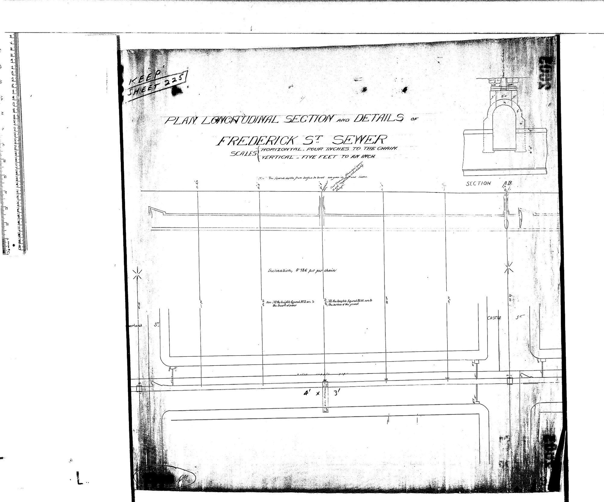 PLAN LONGITUDINAL SECTION AND DETAILS OF FREDRICK STREET SEWER