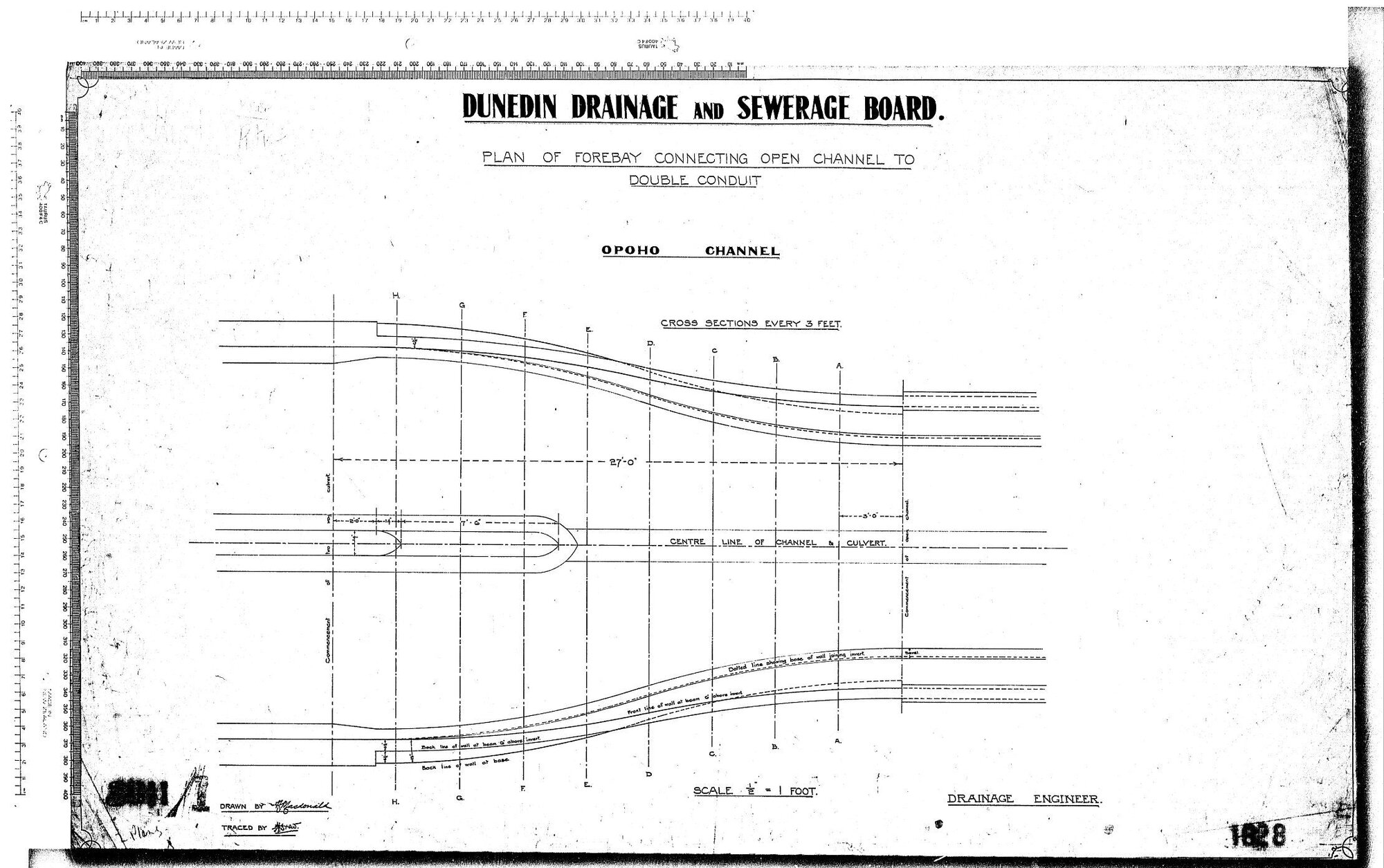 PLAN OF FOREBAY CONNECTING OPEN CHANNEL TO DOUBLE CONDUIT