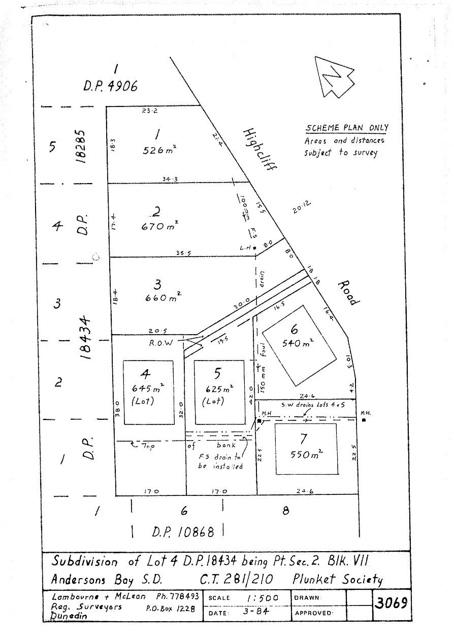 SUBDIVISION OF LOT 4 D.P. 18434 BEING PT. SEC. 2. BLK. VII ANDERSONS BAY S.D. C.T. 281/210 PLUNKET SOCIETY