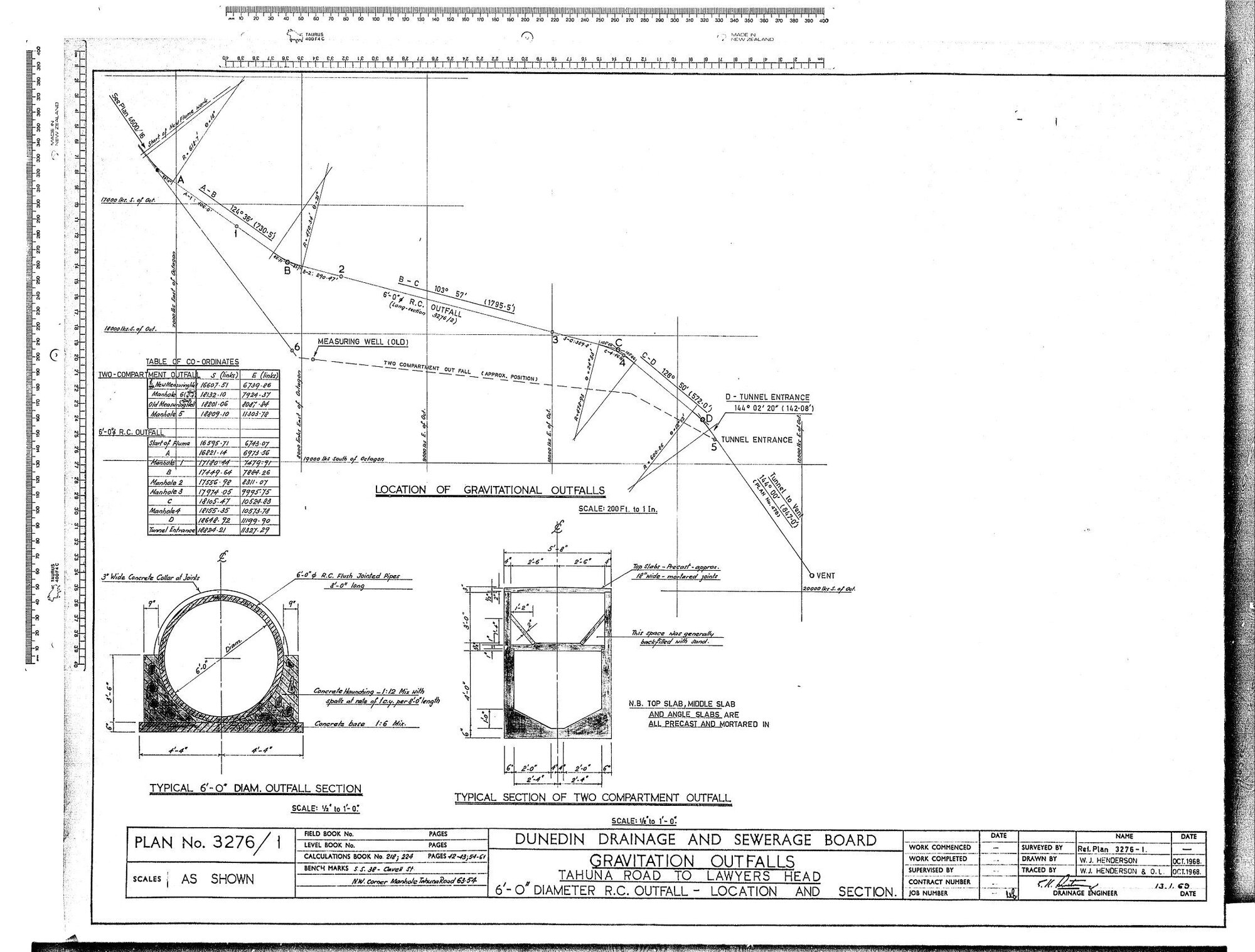GRAVITATION OUTFALLS - TAHUNA ROAD TO LAWYERS HEAD - 6'-0" DIAMETER R.C OUTFALL - LOCATION AND SECTION