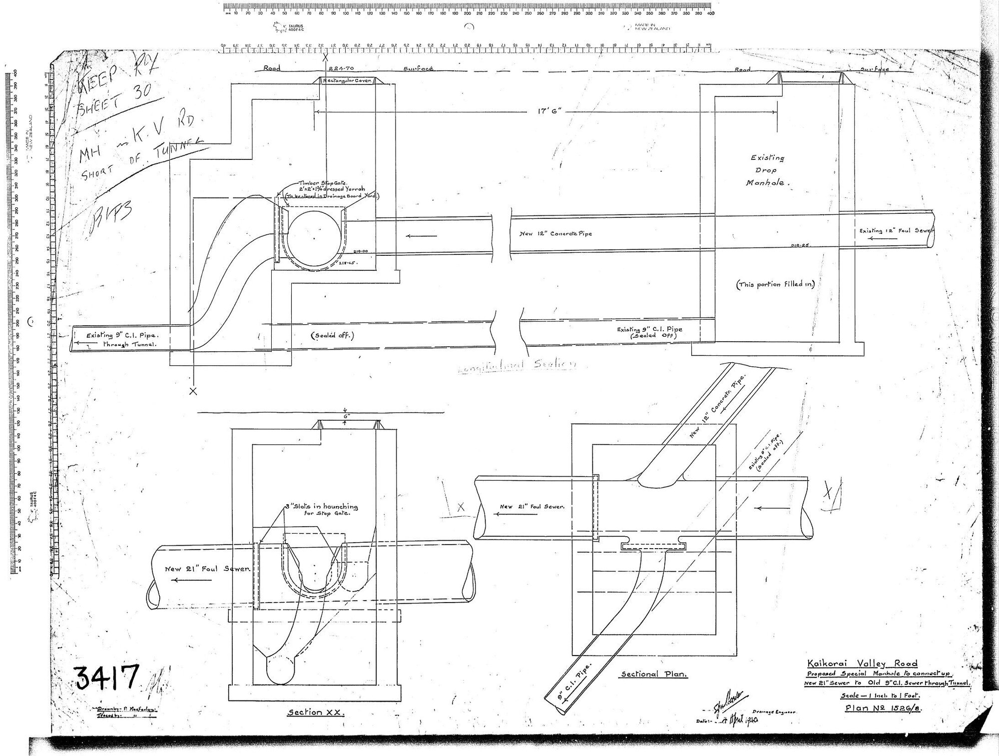KAIKORAI VALLEY ROAD &ndash; PROPOSED SPECIAL MANHOLE TO CONNECT UP &ndash; NEW SEWER TO OLD 9'' C.I. SEWER THROUGH TUNNEL.