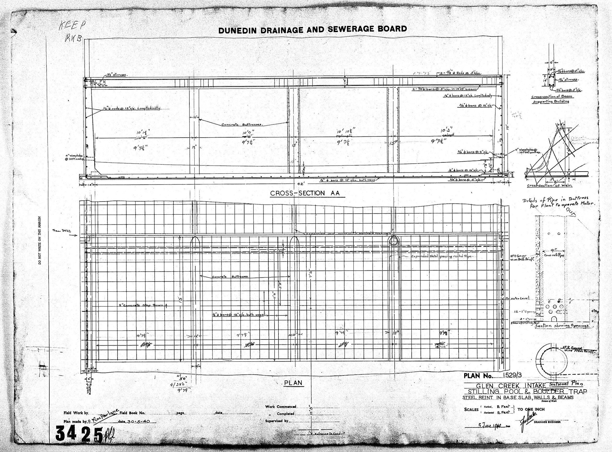 GLEN CREEK INTAKE &ndash; SECTIONAL PLAN &ndash; STILLING POOL &amp; BOULDER TRAP &ndash; STEEL REINT IN BASE SLAB, WALLS &amp; BEAMS