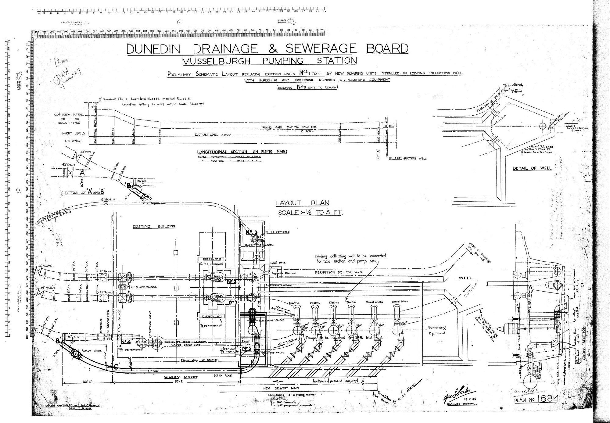 MUSSELBURGH PUMPING STATION &ndash; PRELIMINARY LAYOUT REPLACING EXISTING UNITS NOS 1 TO 4 BY NEW PUMPING UNITS INSTALLED IN EXISTING COLLECTING WELL WITH SCREENING AND SCREENING GRINDING OR WASHING EQUIPMENT (EXISTING NO5 UNIT TO REMAIN)