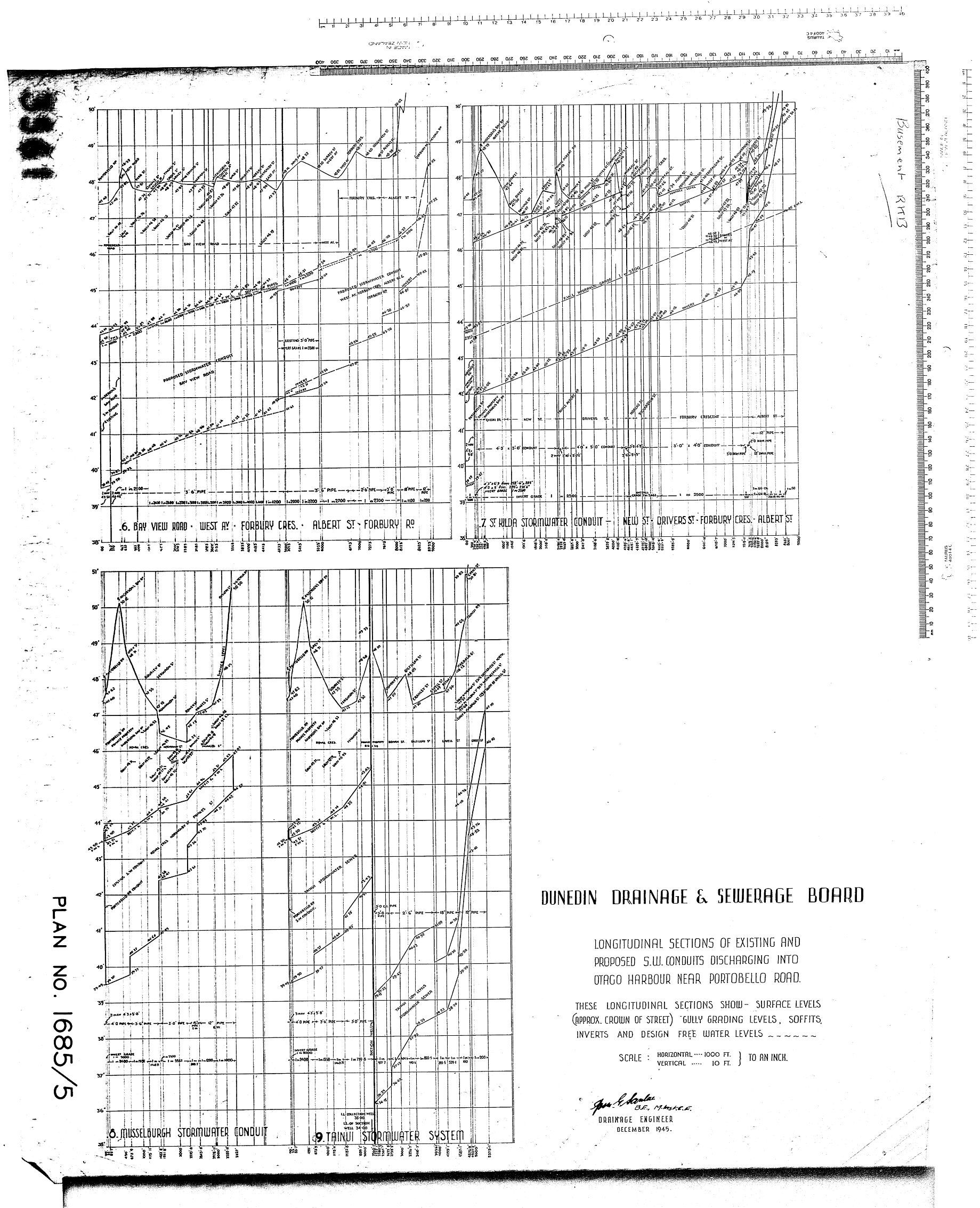 LONGITUDINAL SECTIONS OF EXISTING AND PROPOSED S.W. CONDUITS DISCHARGING INTO OTAGO HARBOUR NEAR PORTOBELLO ROAD