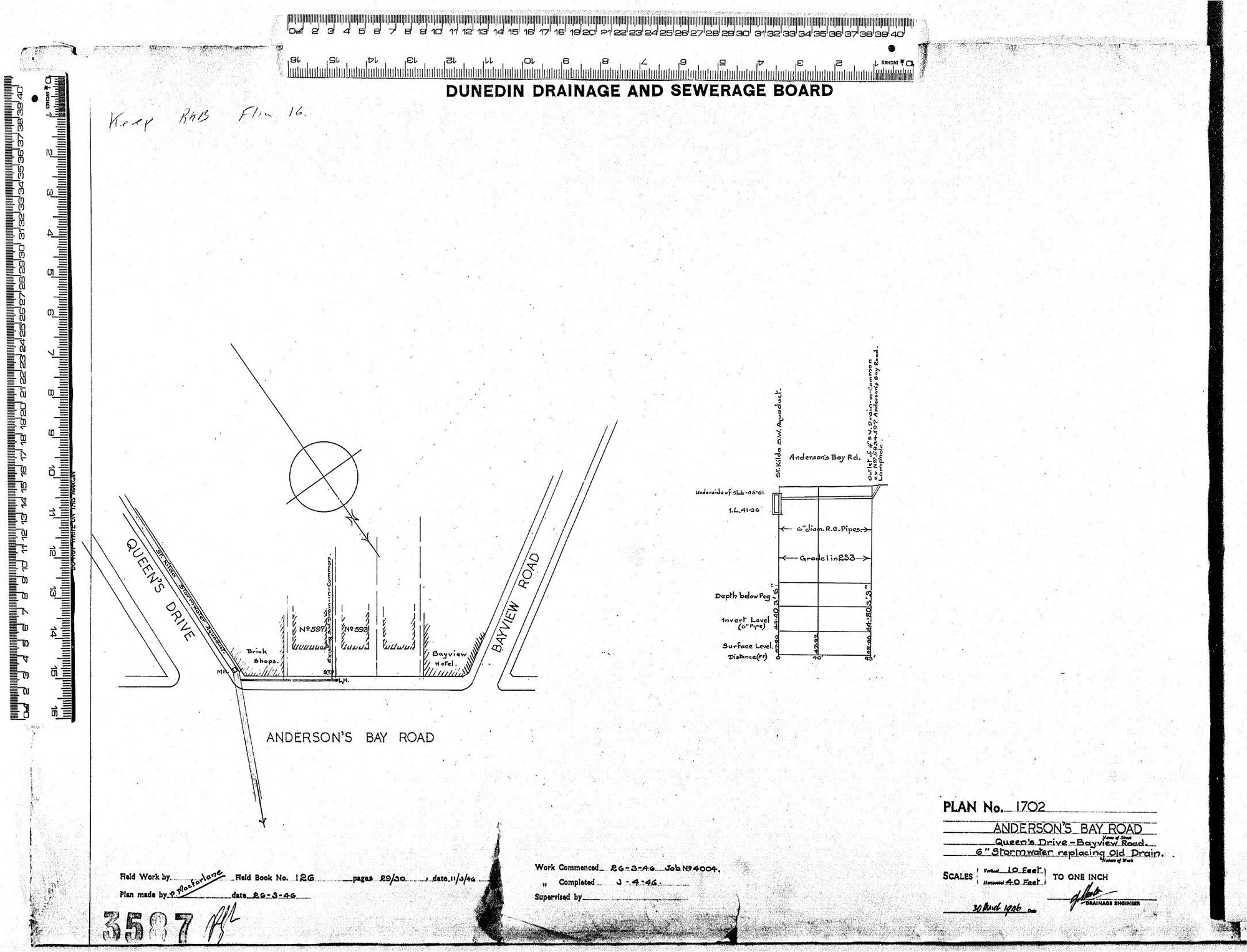 ANDERSON'S BAY ROAD &ndash; QUEEN'S DRIVE &ndash; BAYVIEW ROAD. 6'' STORMWATER REPLACING OLD DRAIN