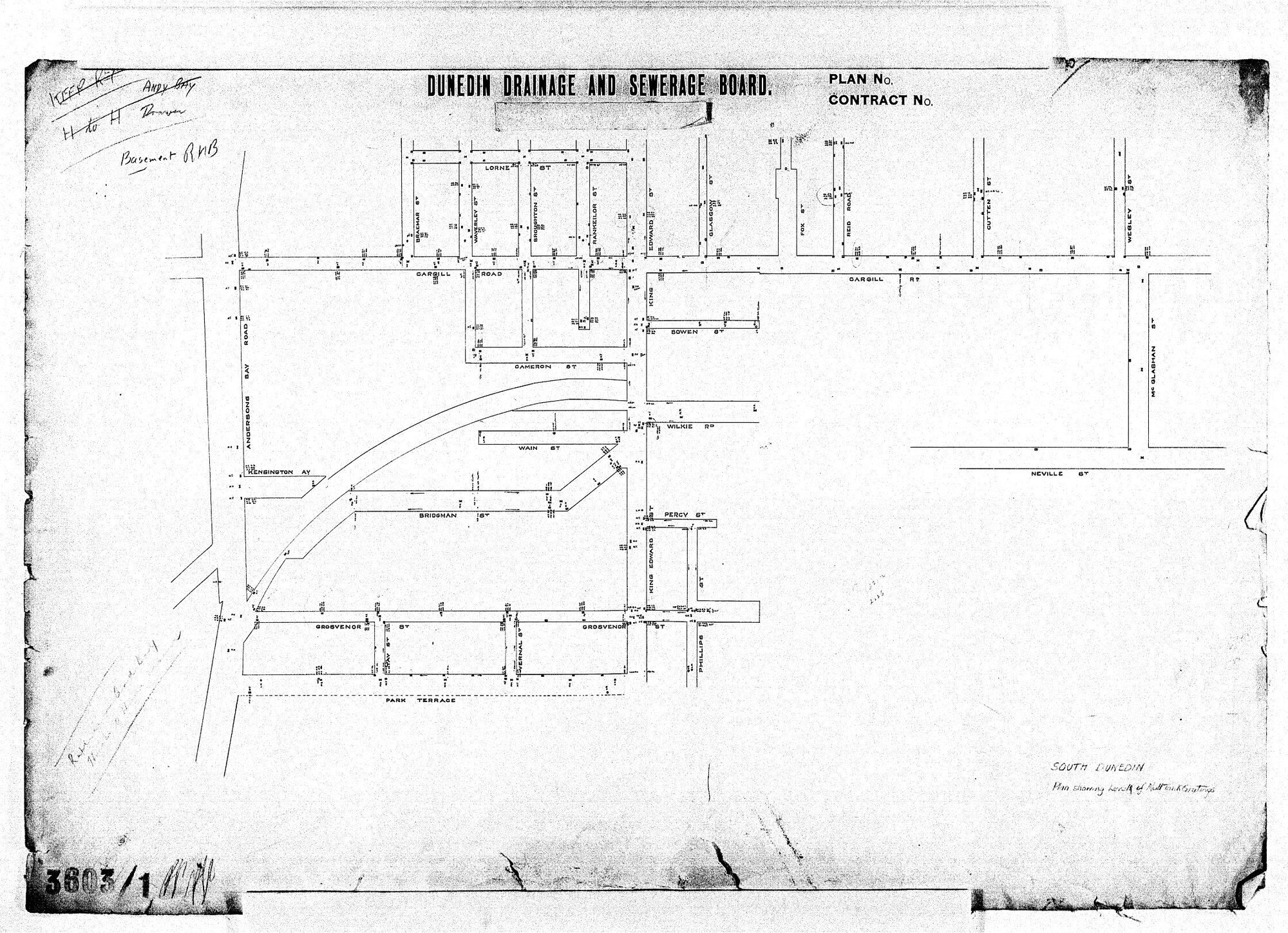 SOUTH DUNEDIN PLAN SHOWING LEVELS OF MUD TANK GRATINGS