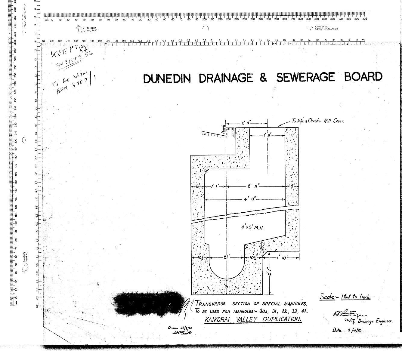 TRANSVERSE SECTION OF SPECIAL MANHOLES TO BE USED FOR MANHOLES 30A,31,32,33,42