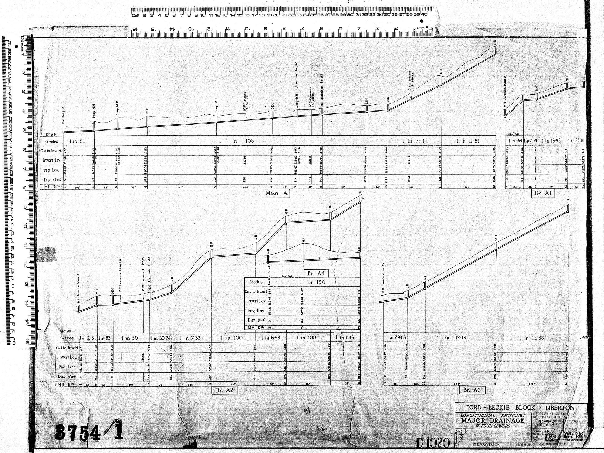 FORD - LECKIE BLOCK - LIBERTON LONGITUDINAL SECTIONS MAJOR DRAINAGE 6" FOUL SEWERS